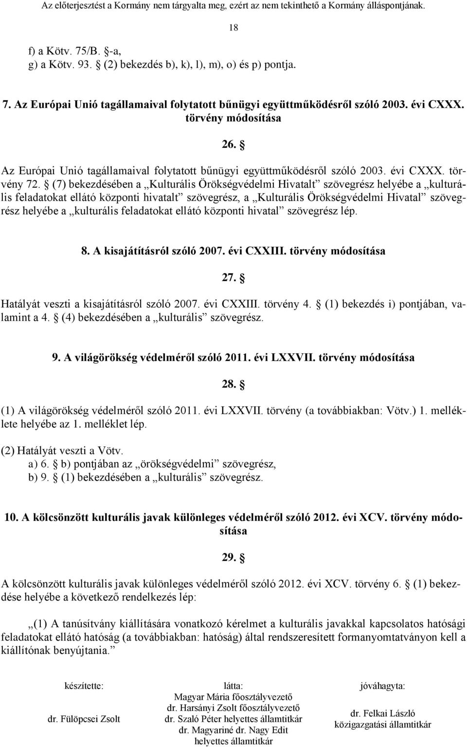 (7) bekezdésében a Kulturális Örökségvédelmi Hivatalt szövegrész helyébe a kulturális feladatokat ellátó központi hivatalt szövegrész, a Kulturális Örökségvédelmi Hivatal szövegrész helyébe a