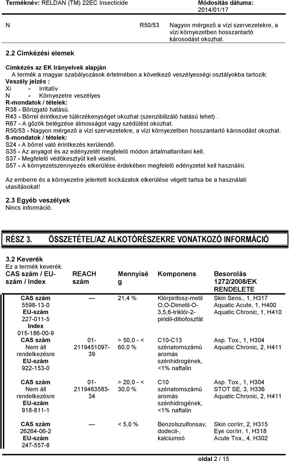 veszélyes R-mondatok / tételek: R38 - Bőrizgató hatású. R43 - Bőrrel érintkezve túlérzékenységet okozhat (szenzibilizáló hatású lehet). R67 - A gőzök belégzése álmosságot vagy szédülést okozhat.