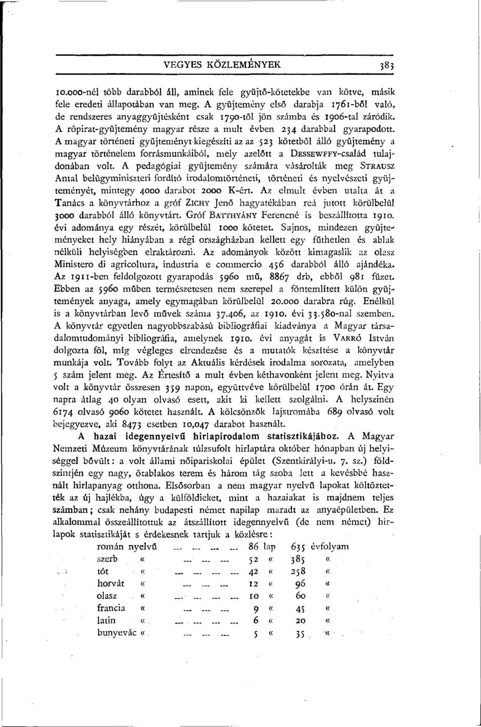 A magyar történeti gyűjteményt kiegészíti az az 523 kötetből álló gyűjtemény a magyar történelem forrásmunkáiból, mely azelőtt a ÜESSEWFFY-család tulajdonában volt.