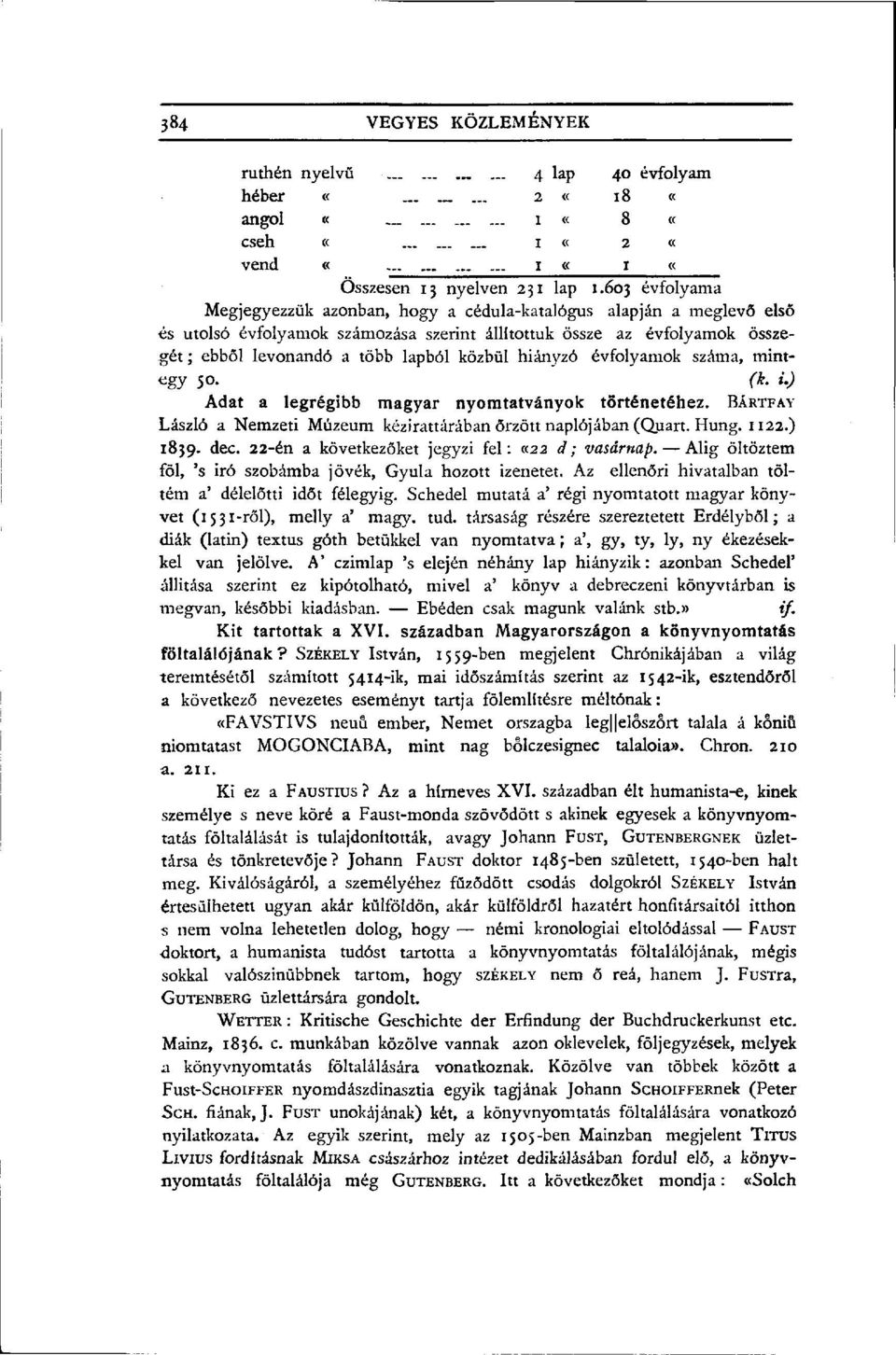 közbül hiányzó évfolyamok száma, mintegy 50. (k. i.) Adat a legrégibb magyar nyomtatványok történetéhez. BÁRTFAY László a Nemzeti Múzeum kézirattárában őrzött naplójában (Quart. Hung. 1122.) 1839.