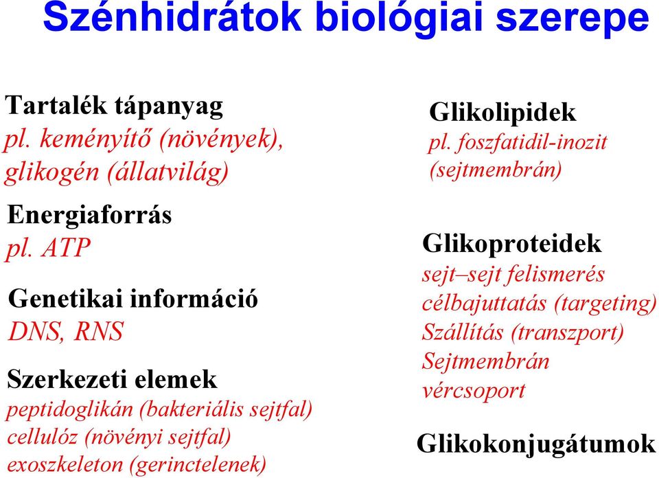 ATP Genetikai információ DS, RS Szerkezeti elemek peptidoglikán (bakteriális sejtfal) cellulóz (növényi