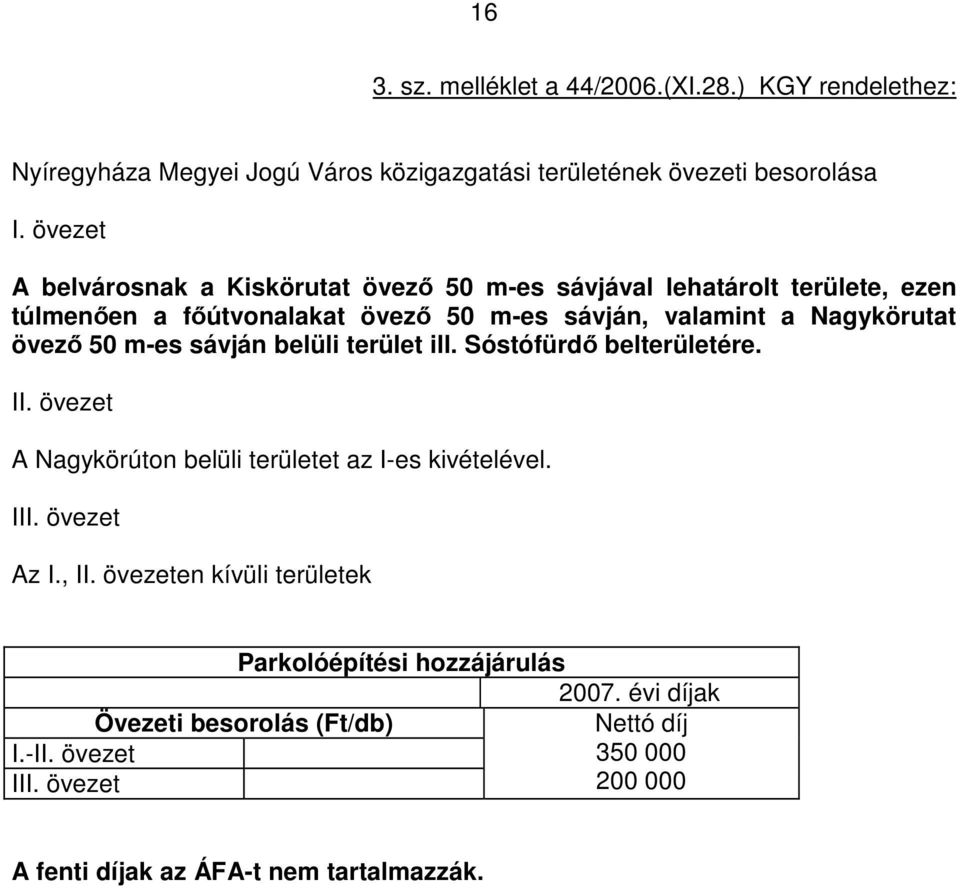 övező 50 m-es sávján belüli terület ill. Sóstófürdő belterületére. II. övezet A Nagykörúton belüli területet az I-es kivételével. III. övezet Az I., II.