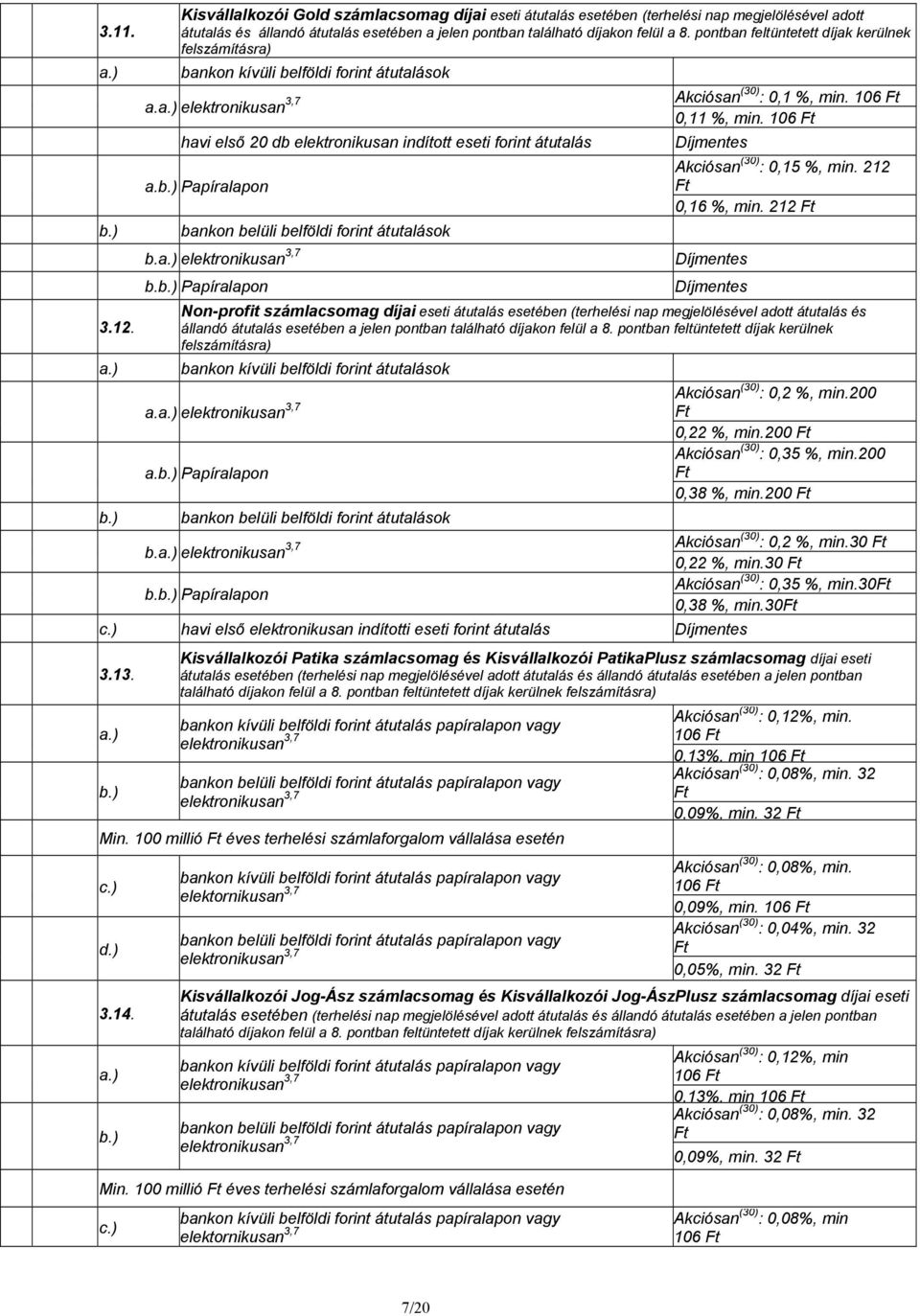 Papíralapon bankon belüli belföldi forint átutalások b. b. Papíralapon (30) : 0,1 %, min. 106 0,11 %, min. 106 (30) : 0,15 %, min. 212 0,16 %, min.