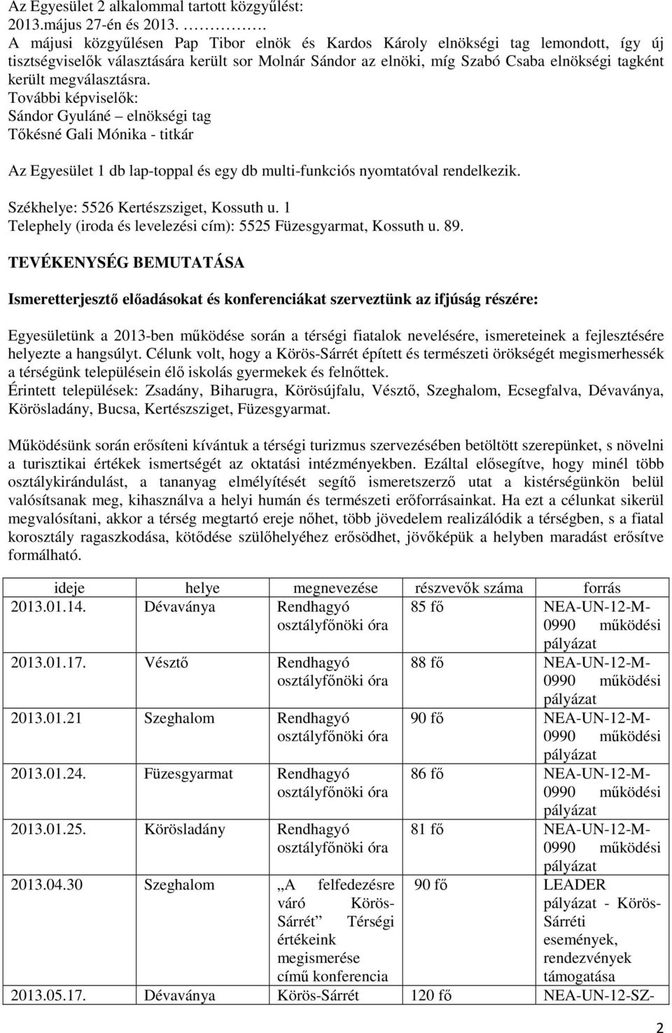 megválasztásra. További képviselők: Sándor Gyuláné elnökségi tag Tőkésné Gali Mónika - titkár Az Egyesület 1 db lap-toppal és egy db multi-funkciós nyomtatóval rendelkezik.