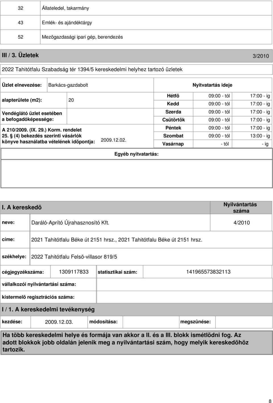 befogadóképessége: A 210/2009. (I. 29.) Korm. rendelet 25. (4) bekezdés szerinti vásárlók könyve használatba vételének idõpontja: 2009.12.02.