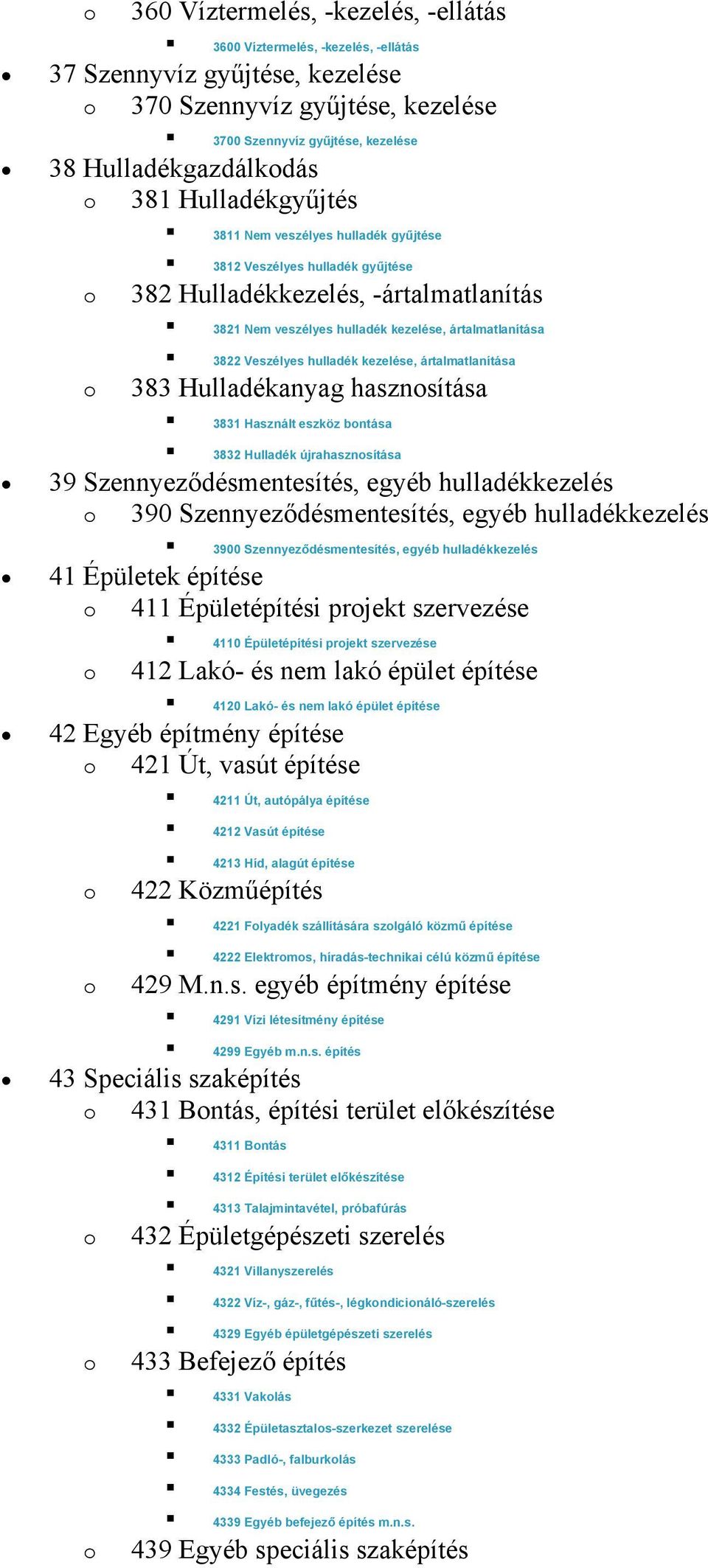 hulladék kezelése, ártalmatlanítása 383 Hulladékanyag hasznsítása 3831 Használt eszköz bntása 3832 Hulladék újrahasznsítása 39 Szennyeződésmentesítés, egyéb hulladékkezelés 390