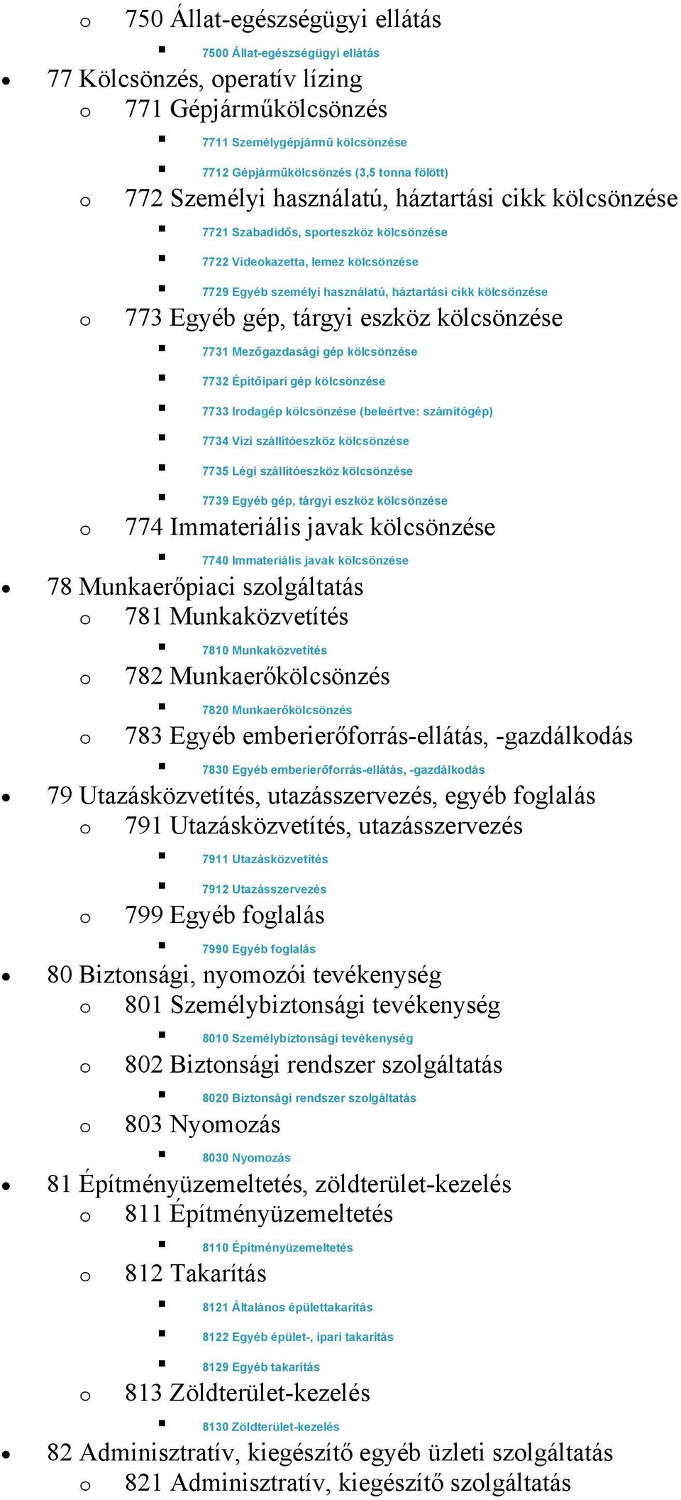 tárgyi eszköz kölcsönzése 7731 Mezőgazdasági gép kölcsönzése 7732 Építőipari gép kölcsönzése 7733 Irdagép kölcsönzése (beleértve: számítógép) 7734 Vízi szállítóeszköz kölcsönzése 7735 Légi