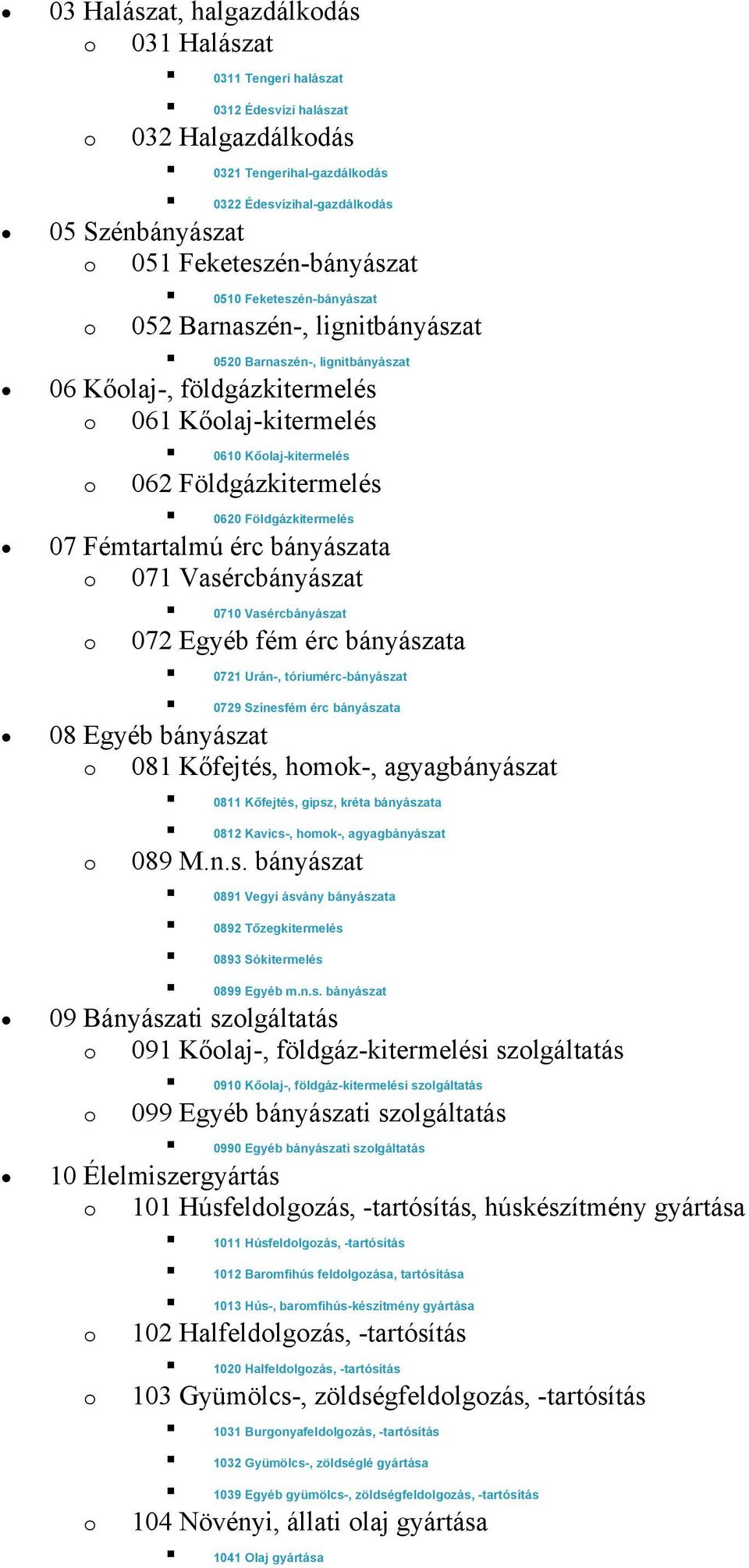 Földgázkitermelés 07 Fémtartalmú érc bányászata 071 Vasércbányászat 0710 Vasércbányászat 072 Egyéb fém érc bányászata 0721 Urán-, tóriumérc-bányászat 0729 Színesfém érc bányászata 08 Egyéb bányászat