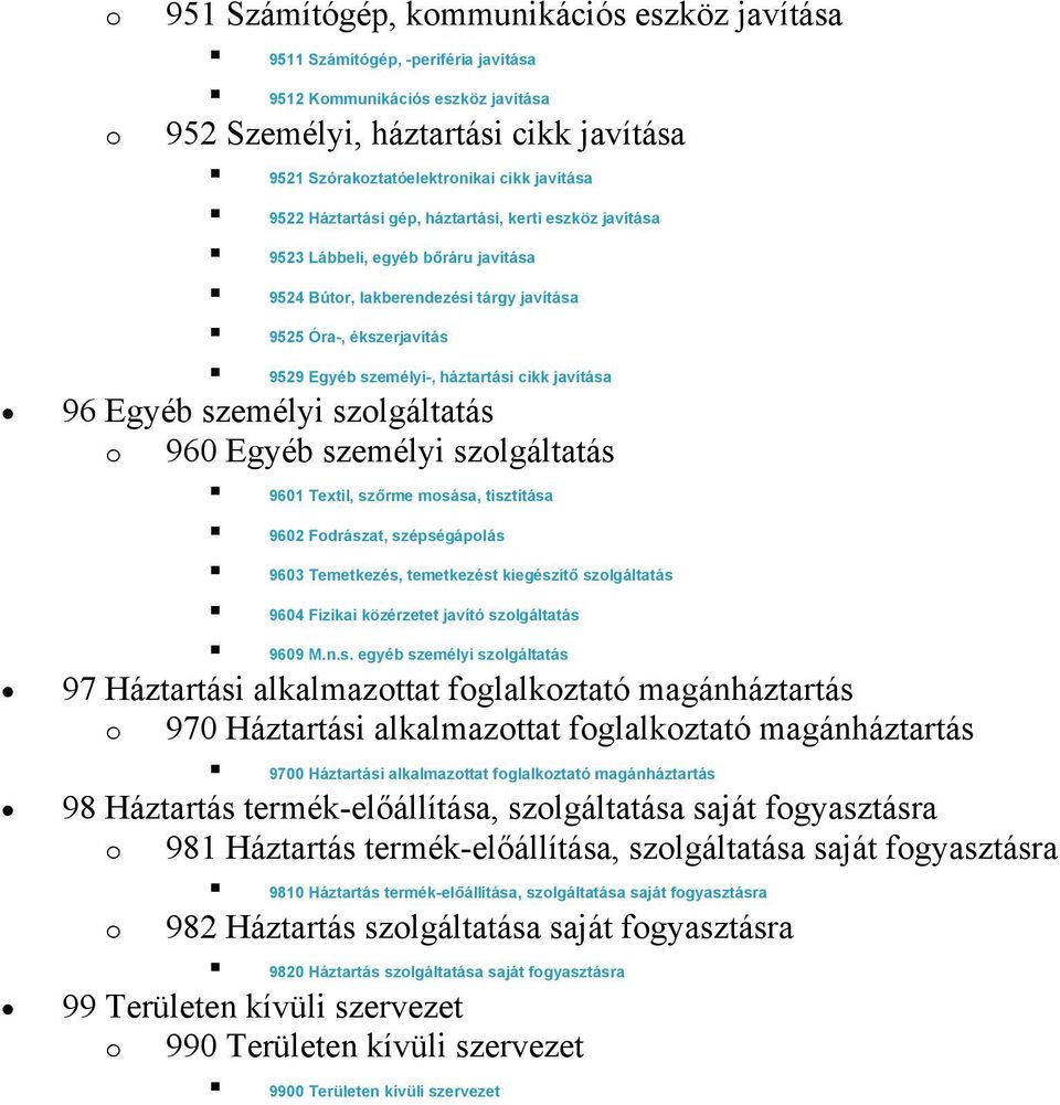 javítása 96 Egyéb személyi szlgáltatás 960 Egyéb személyi szlgáltatás 9601 Textil, szőrme msása, tisztítása 9602 Fdrászat, szépségáplás 9603 Temetkezés, temetkezést kiegészítő szlgáltatás 9604