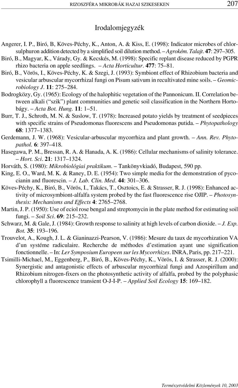 (1998): Specific replant disease reduced by PGPR rhizo bacteria on apple seedlings. Acta Horticultur. 477: 75 81. Biró,B.,Vörös,I.,Köves-Péchy,K. & Szegi,J.