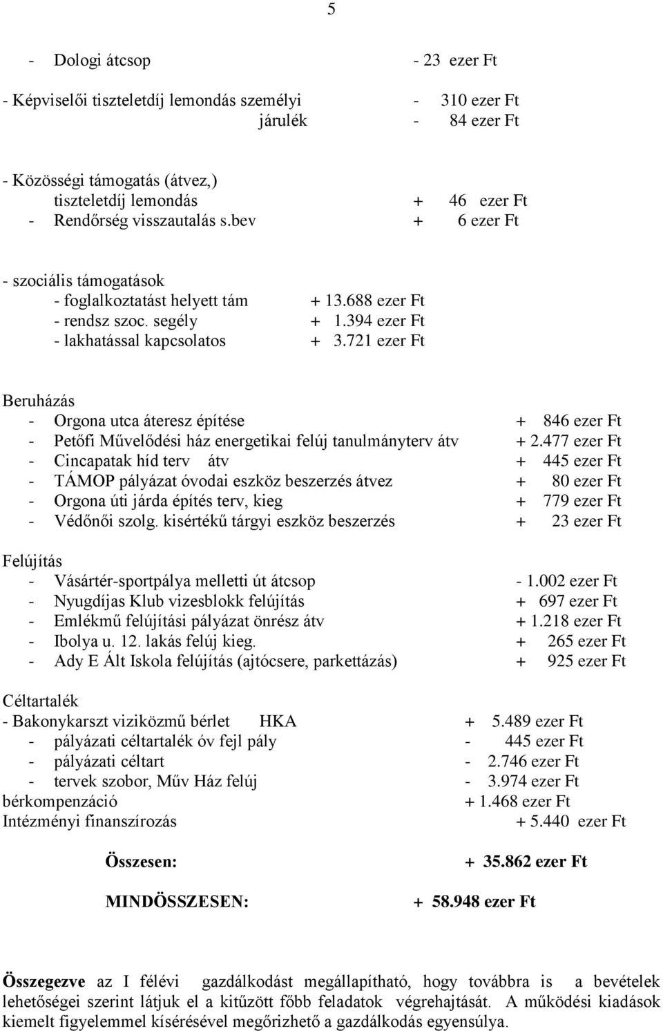 721 ezer Ft Beruházás - Orgona utca áteresz építése + 846 ezer Ft - Petőfi Művelődési ház energetikai felúj tanulmányterv átv + 2.