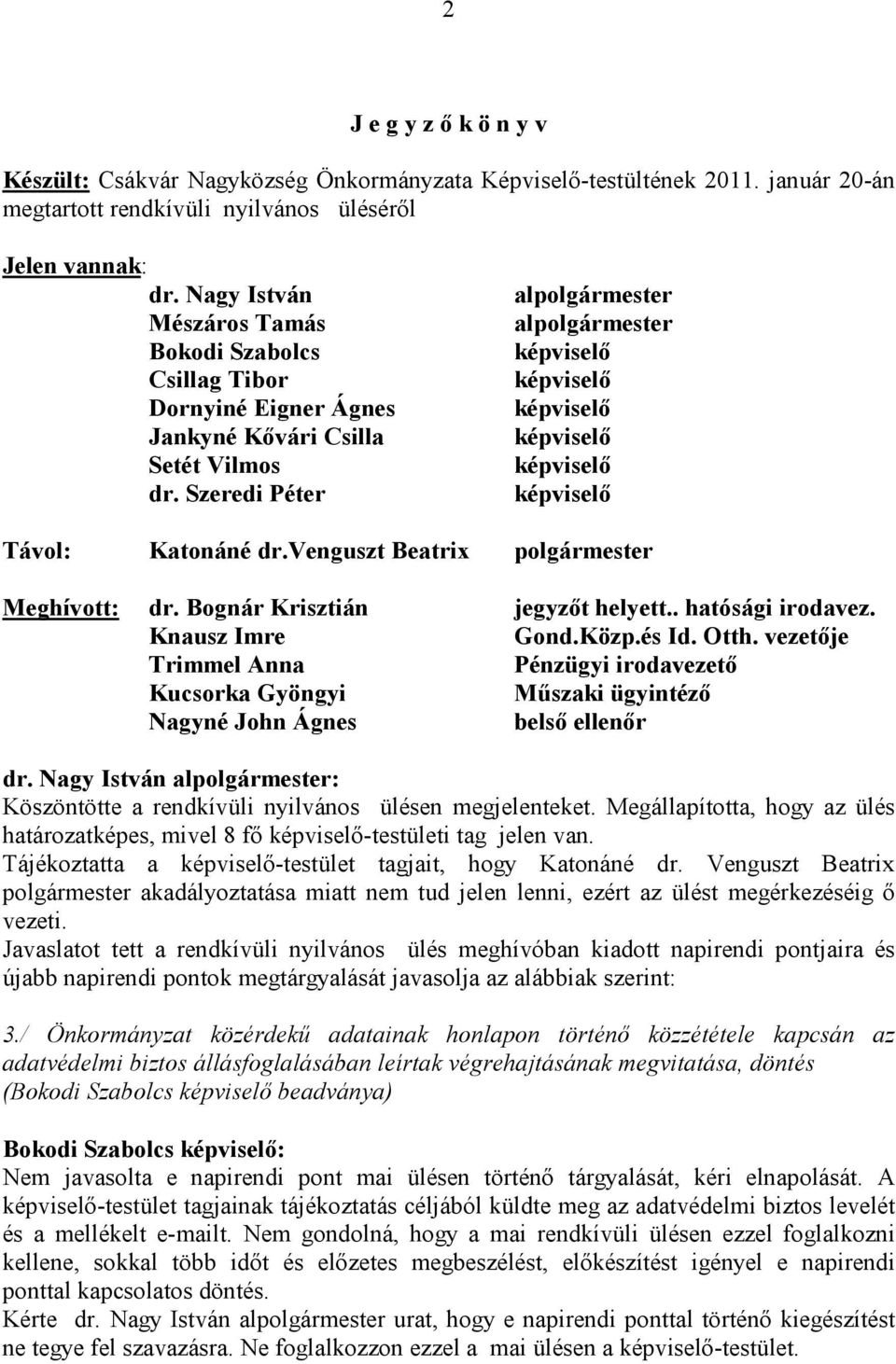 Szeredi Péter alpolgármester alpolgármester képviselı képviselı képviselı képviselı képviselı képviselı Távol: Katonáné dr.venguszt Beatrix polgármester Meghívott: dr.