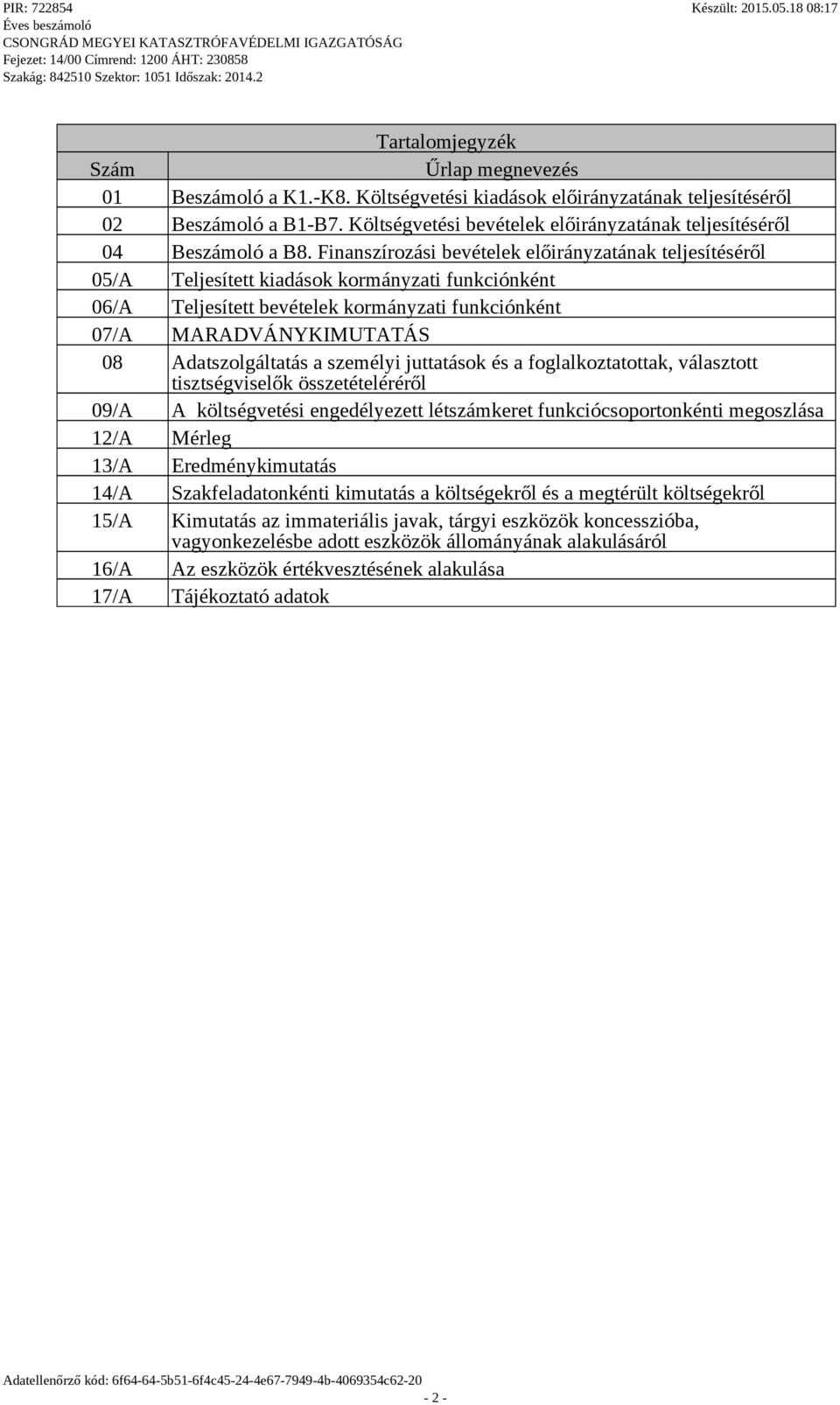 Finanszírozási bevételek előirányzatának teljesítéséről 05/A Teljesített kiadások kormányzati funkciónként 06/A Teljesített bevételek kormányzati funkciónként 07/A MARADVÁNYKIMUTATÁS 08