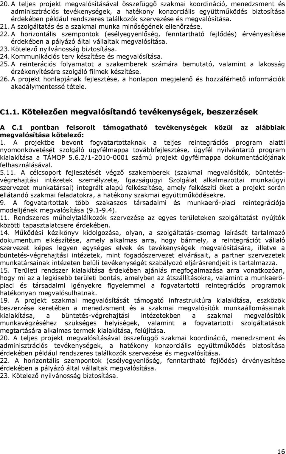 A horizontális szempontok (esélyegyenlőség, fenntartható fejlődés) érvényesítése érdekében a pályázó által vállaltak megvalósítása. 23. Kötelező nyilvánosság biztosítása. 24.