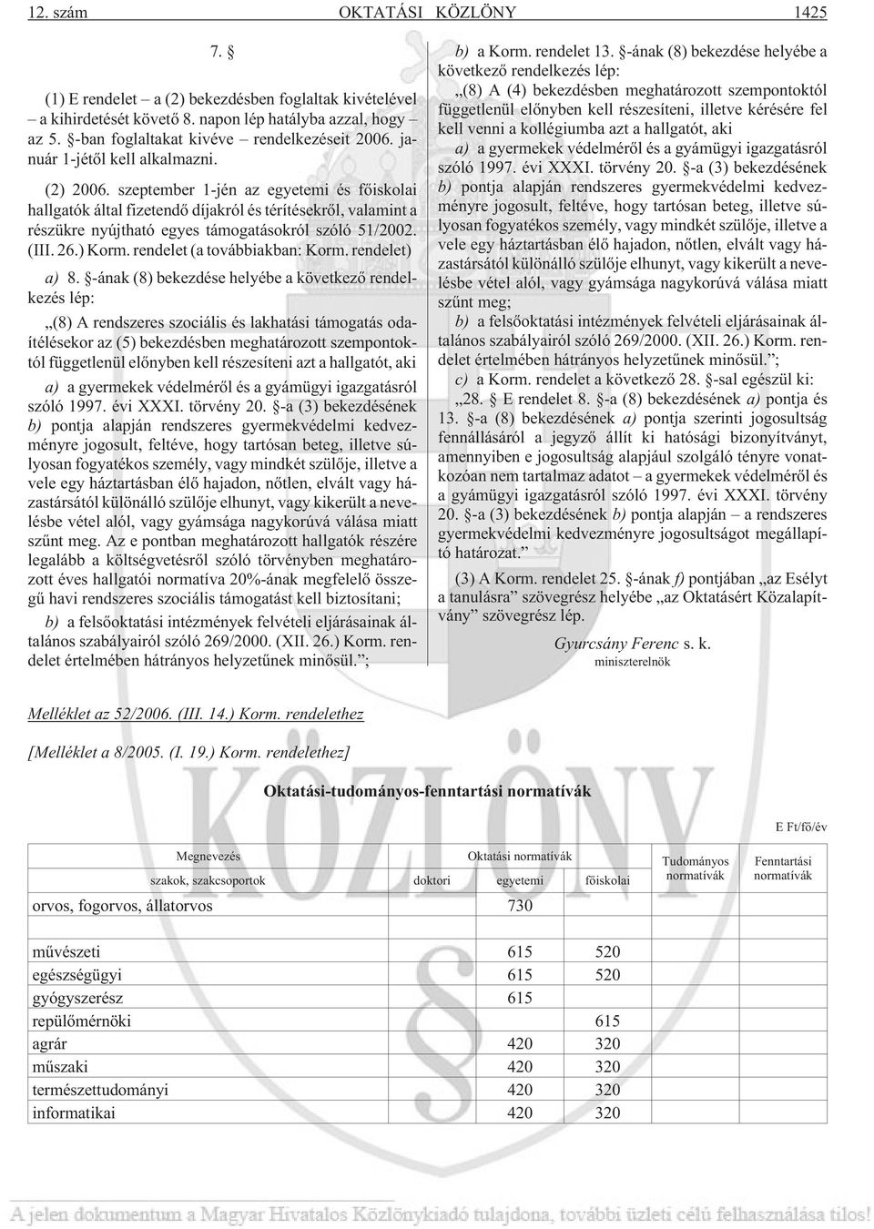 szeptember 1-jén az egyetemi és fõiskolai hallgatók által fizetendõ díjakról és térítésekrõl, valamint a részükre nyújtható egyes támogatásokról szóló 51/2002. (III. 26.) Korm.