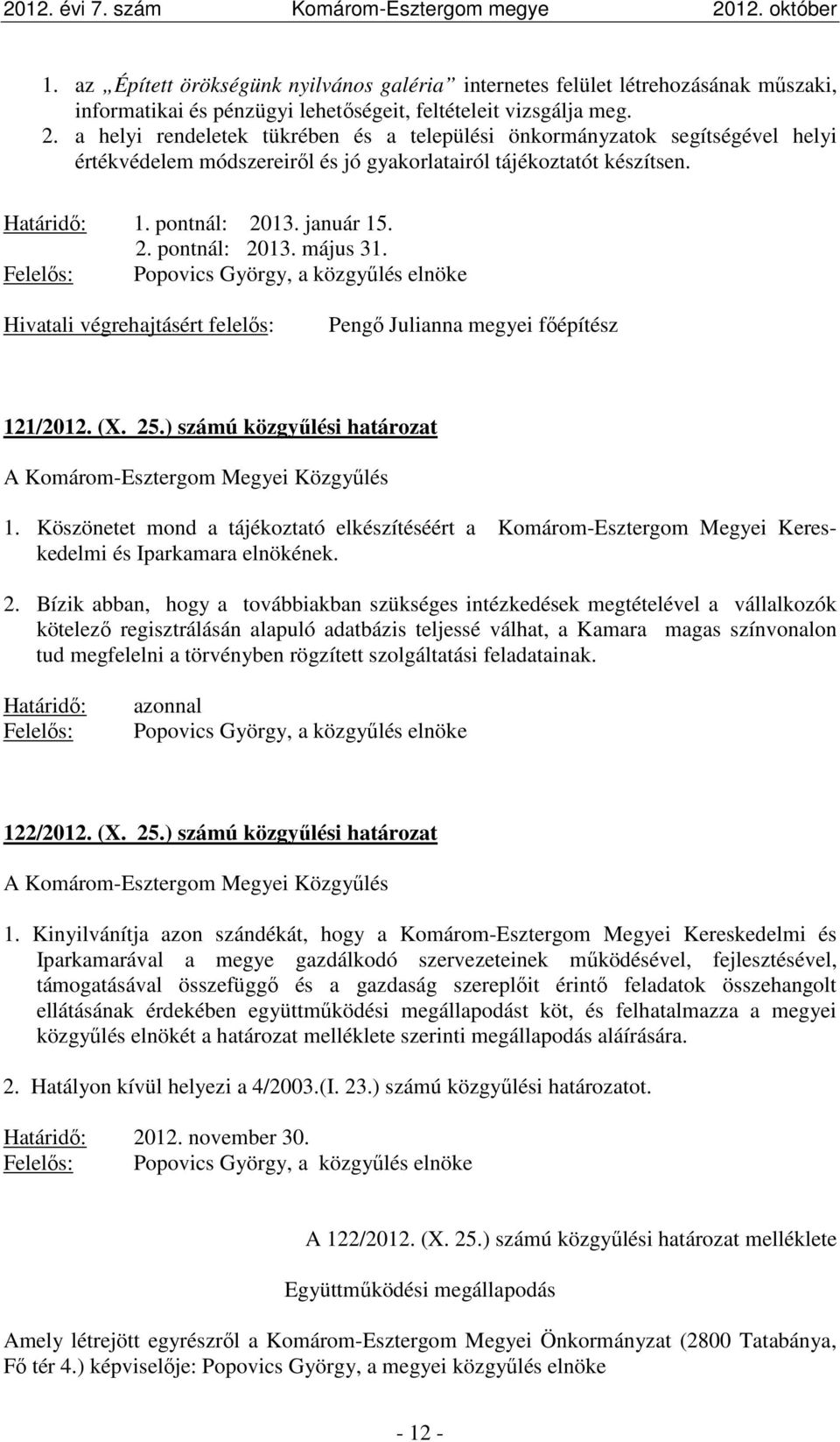 Hivatali végrehajtásért felelős: Pengő Julianna megyei főépítész 121/2012. (X. 25.) számú közgyűlési határozat 1.