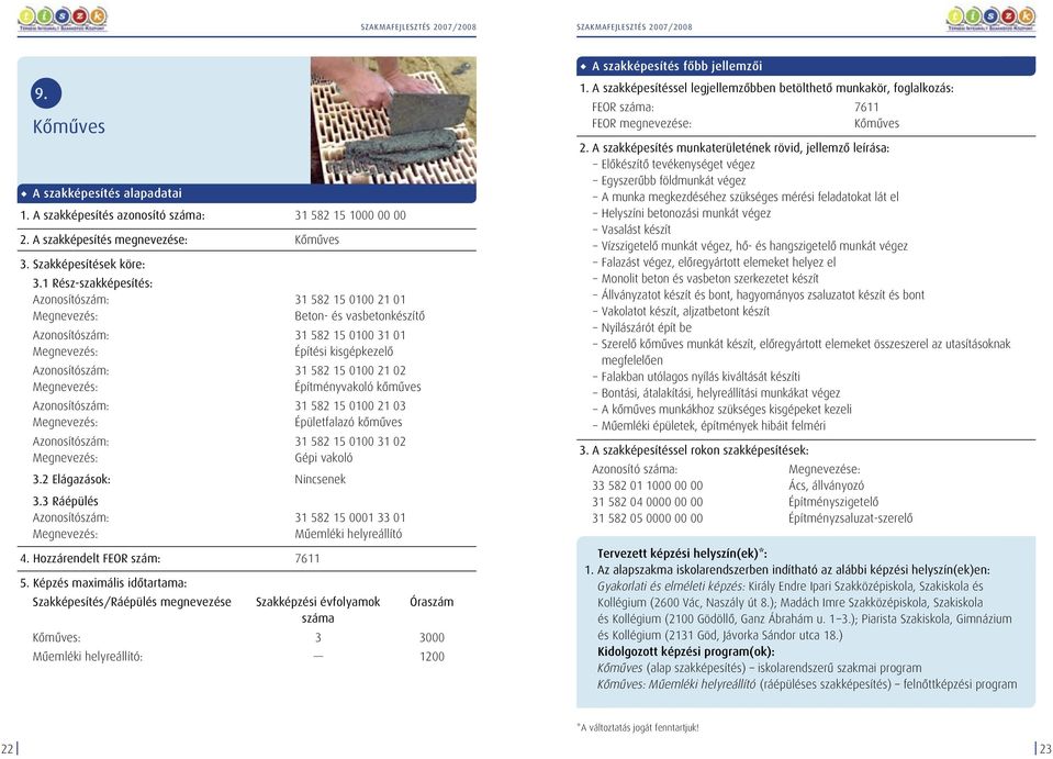 Építményvakoló kômûves Azonosítószám: 31 582 15 0100 21 03 Épületfalazó kômûves Azonosítószám: 31 582 15 0100 31 02 Gépi vakoló 3.