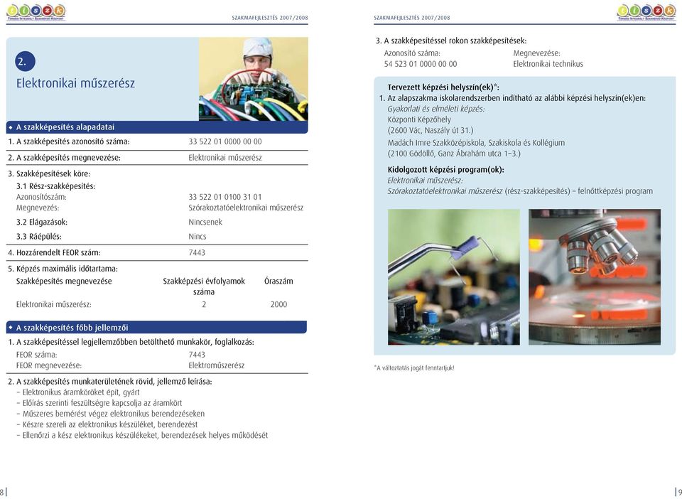 3 Ráépülés: Nincs 54 523 01 0000 00 00 Elektronikai technikus Gyakorlati és elméleti képzés: Központi Képzôhely Madách Imre Szakközépiskola, Szakiskola és Kollégium (2100 Gödöllô, Ganz Ábrahám utca 1