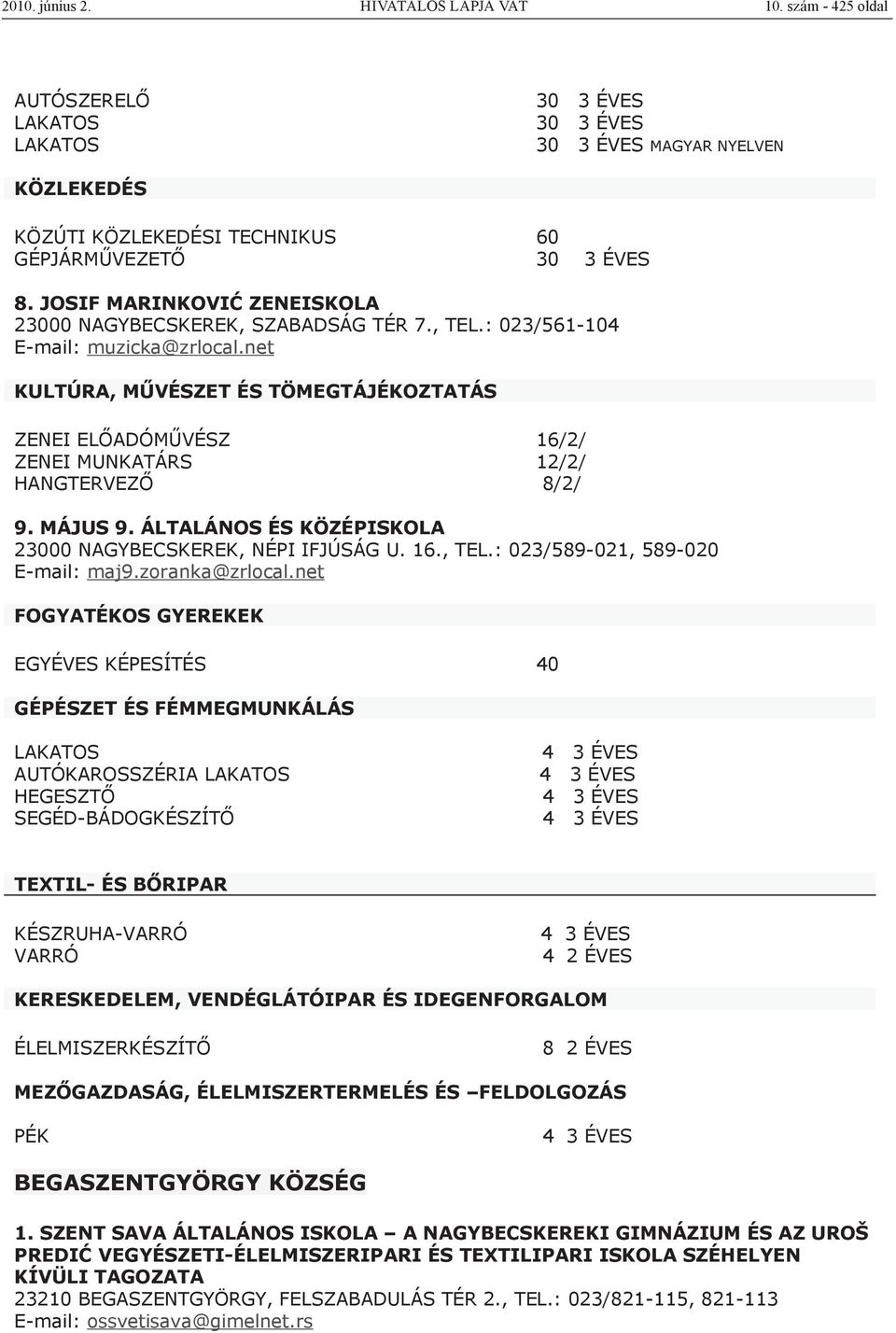 net KULTÚRA, MŰVÉSZET ÉS TÖMEGTÁJÉKOZTATÁS ZENEI ELŐADÓMŰVÉSZ 16/2/ ZENEI MUNKATÁRS 12/2/ HANGTERVEZŐ 8/2/ 9. MÁJUS 9. ÁLTALÁNOS ÉS KÖZÉPISKOLA 23000 NAGYBECSKEREK, NÉPI IFJÚSÁG U. 16., TEL.