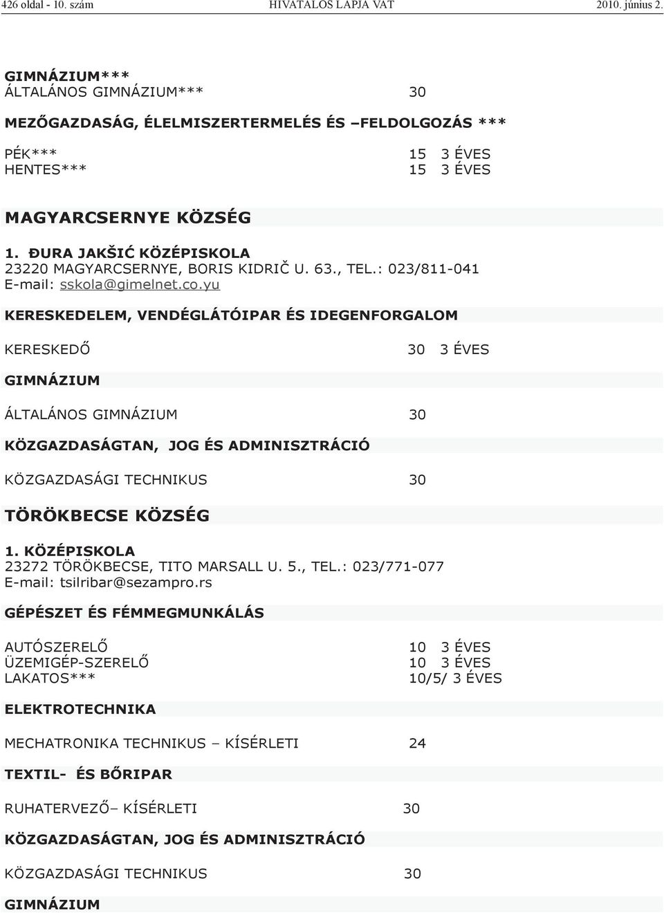 yu KERESKEDELEM, VENDÉGLÁTÓIPAR ÉS IDEGENFORGALOM KERESKEDŐ 30 3 ÉVES ÁLTALÁNOS 30 KÖZGAZDASÁGTAN, JOG ÉS ADMINISZTRÁCIÓ KÖZGAZDASÁGI TECHNIKUS 30 TÖRÖKBECSE KÖZSÉG 1.