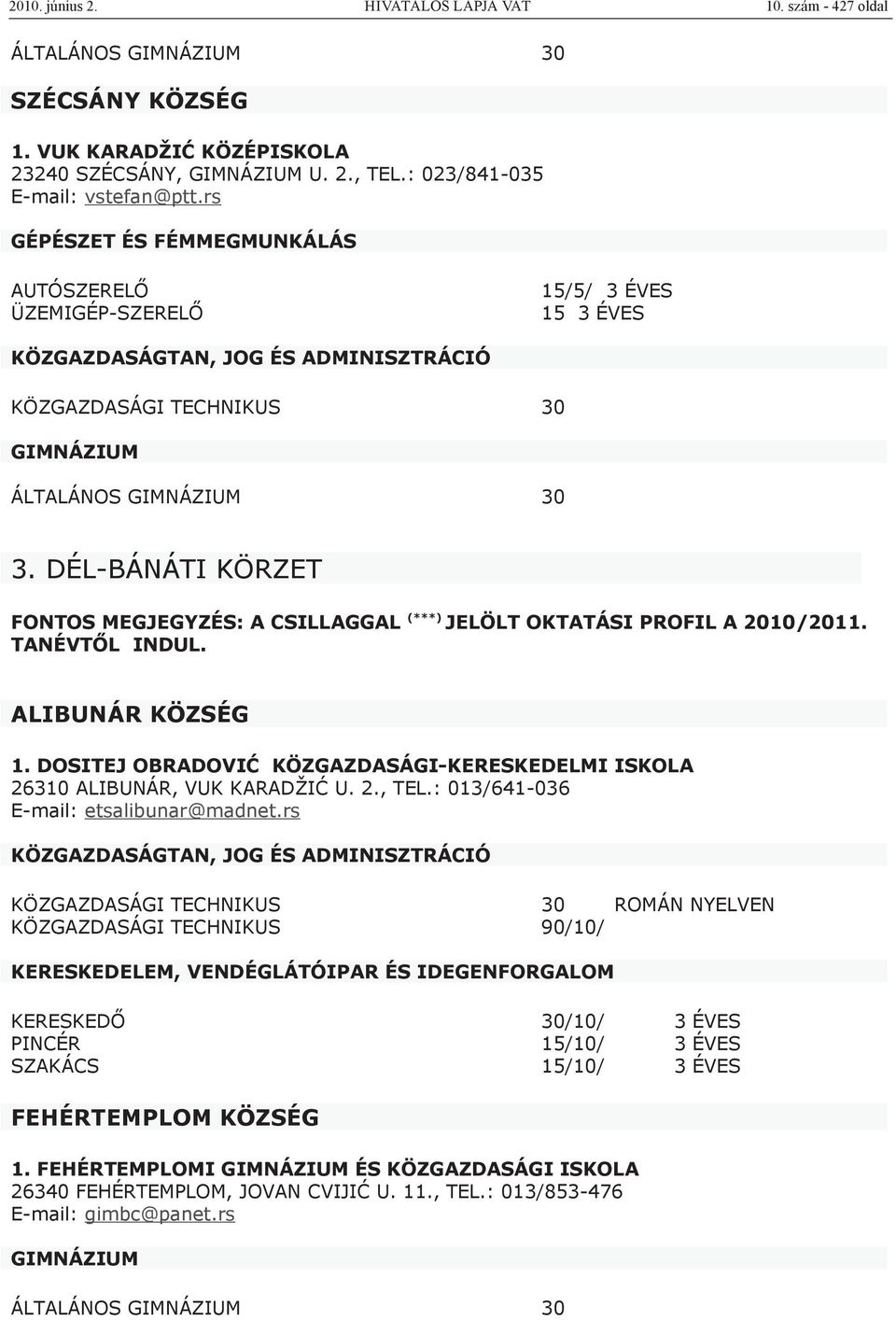 DÉL-BÁNÁTI KÖRZET FONTOS MEGJEGYZÉS: A CSILLAGGAL (***) JELÖLT OKTATÁSI PROFIL A 2010/2011. TANÉVTŐL INDUL. ALIBUNÁR KÖZSÉG 1.