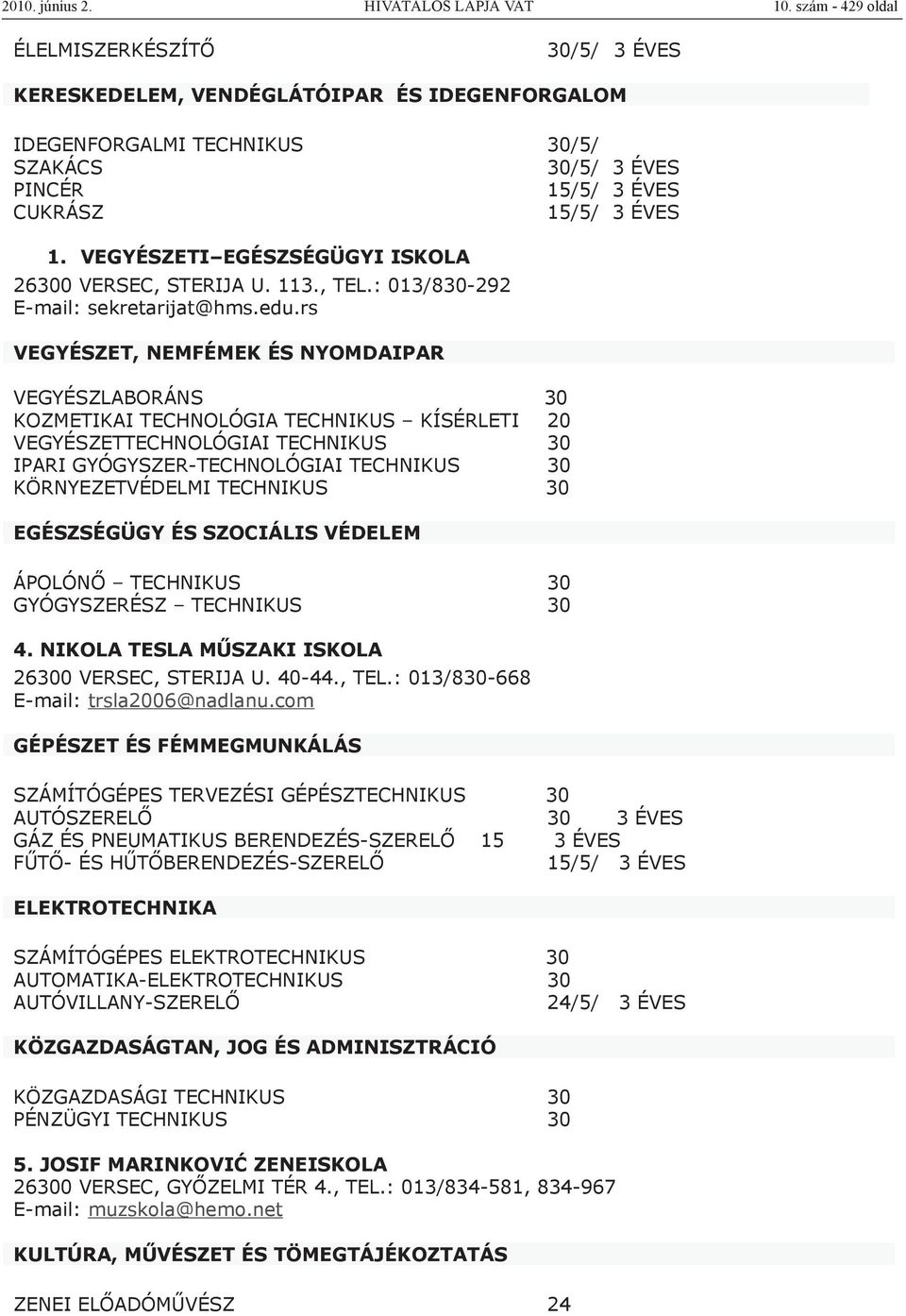 VEGYÉSZETI EGÉSZSÉGÜGYI ISKOLA 26300 VERSEC, STERIJA U. 113., TEL.: 013/830-292 E-mail: sekretarijat@hms.edu.