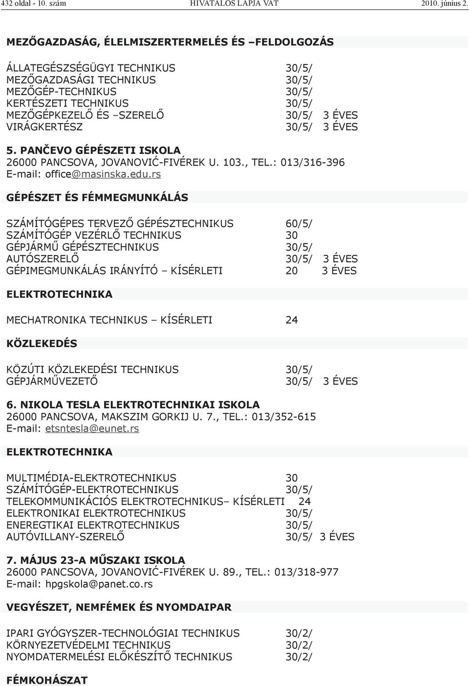 ÉVES VIRÁGKERTÉSZ 30/5/ 3 ÉVES 5. PANČEVO GÉPÉSZETI ISKOLA 26000 PANCSOVA, JOVANOVIĆ-FIVÉREK U. 103., TEL.: 013/316-396 E-mail: office@masinska.edu.