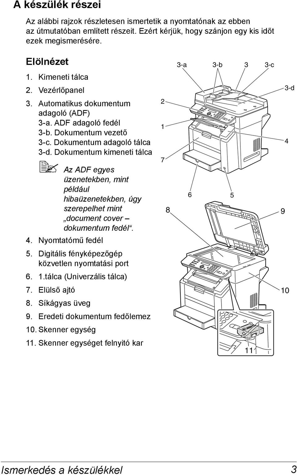 Dokumentum kimeneti tálca "# Az ADF egyes üzenetekben, mint például hibaüzenetekben, úgy szerepelhet mint document cover dokumentum fedél. 2 1 7 8 6 5 4 9 4. Nyomtatómű fedél 5.