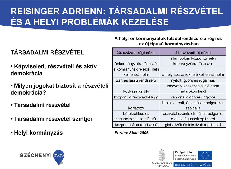 századi új nézet önkormányzatra fókuszál a kormánynak felelős, neki kell elszámolni zárt és lassú rendszerű kockázatkerülő központi direktíváktól függ korlátozó bürokratikus és technokrata szemléletű