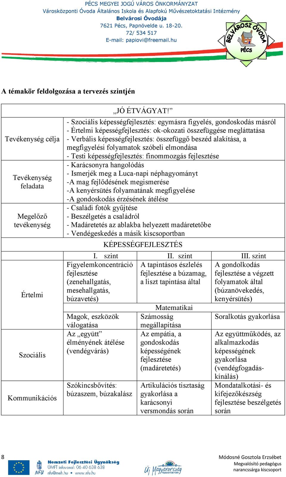 megfigyelési folyamatok szóbeli elmondása - Testi képességfejlesztés: finommozgás fejlesztése - Karácsonyra hangolódás - Ismerjék meg a Luca-napi néphagyományt -A mag fejlődésének megismerése -A