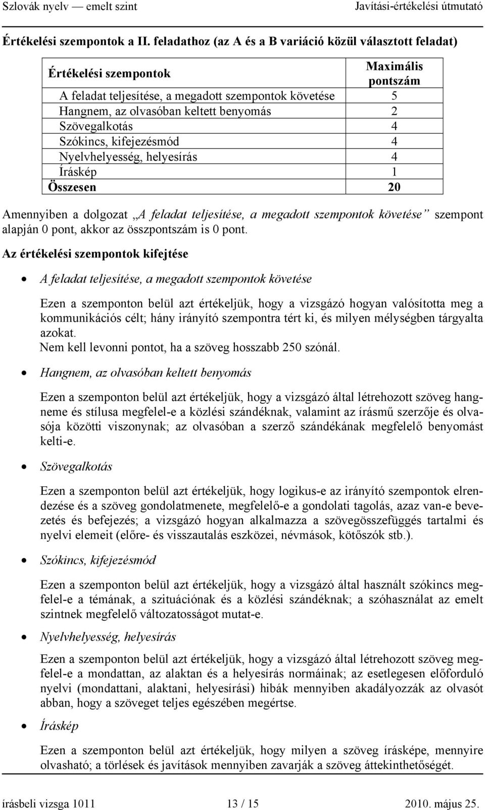 Szövegalkotás 4 Szókincs, kifejezésmód 4 Nyelvhelyesség, helyesírás 4 Íráskép 1 Összesen 20 Amennyiben a dolgozat A feladat teljesítése, a megadott szempontok követése szempont alapján 0 pont, akkor