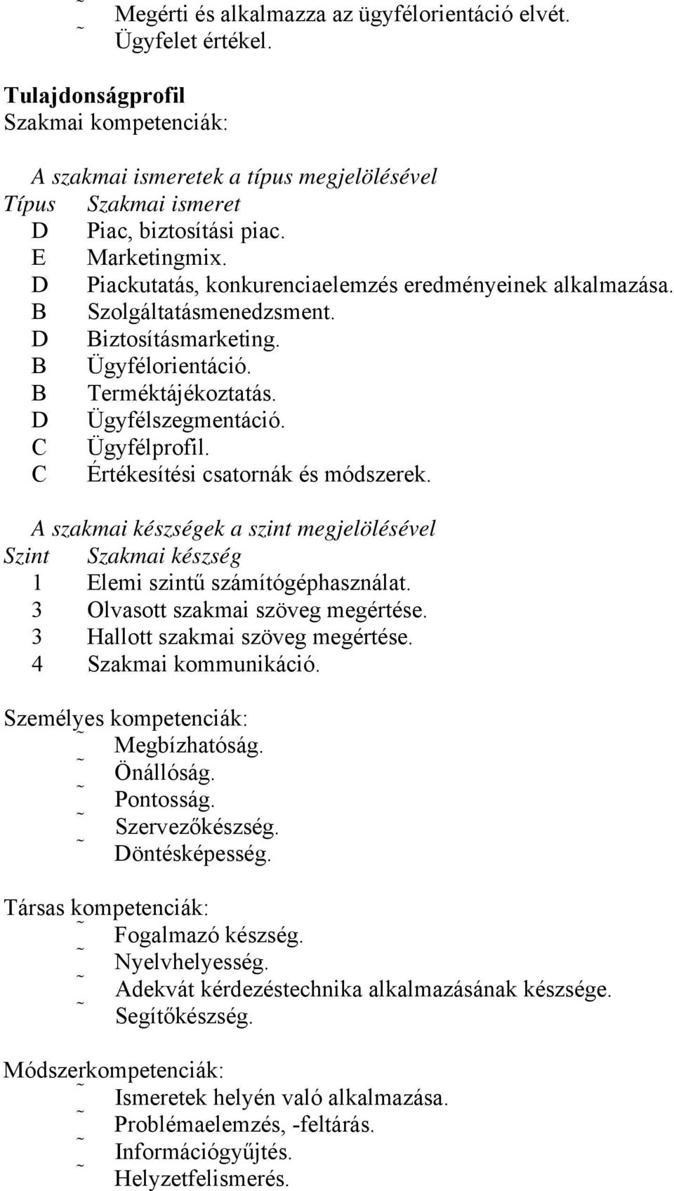 Ügyfélprofil. Értékesítési csatornák és módszerek. A szakmai készségek a szint megjelölésével Szint Szakmai készség 1 Elemi szintű számítógéphasználat. 3 Olvasott szakmai szöveg megértése.