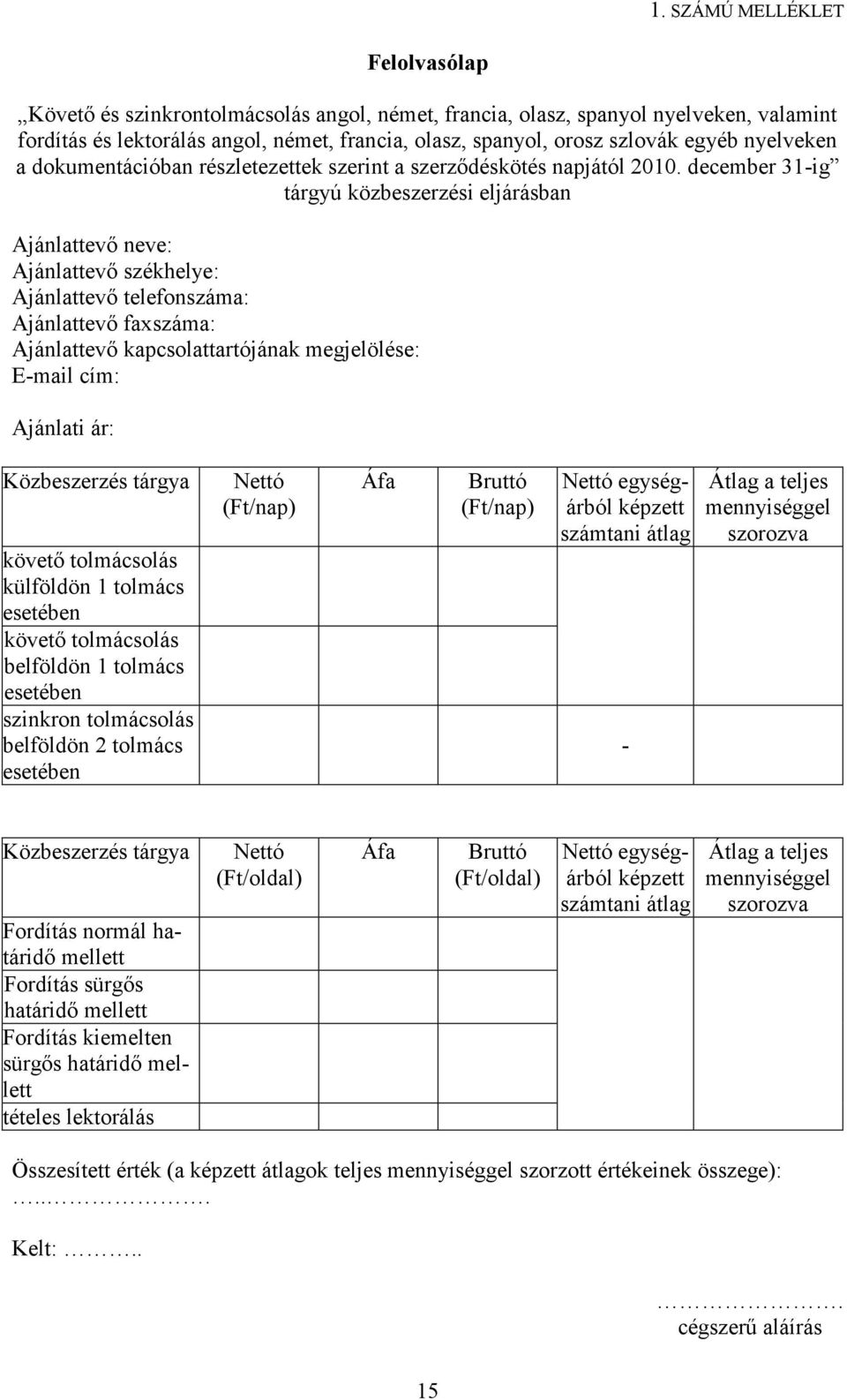 december 31-ig tárgyú közbeszerzési eljárásban Ajánlattevő neve: Ajánlattevő székhelye: Ajánlattevő telefonszáma: Ajánlattevő faxszáma: Ajánlattevő kapcsolattartójának megjelölése: E-mail cím: