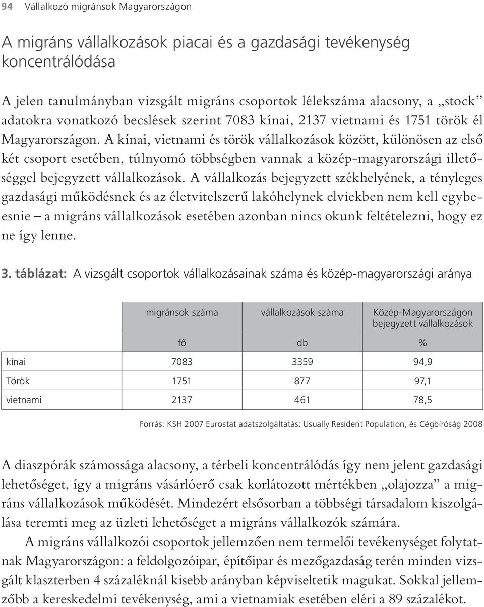 A kínai, vietnami és török vállalkozások között, különösen az első két csoport esetében, túlnyomó többségben vannak a közép-magyarországi illetőséggel bejegyzett vállalkozások.