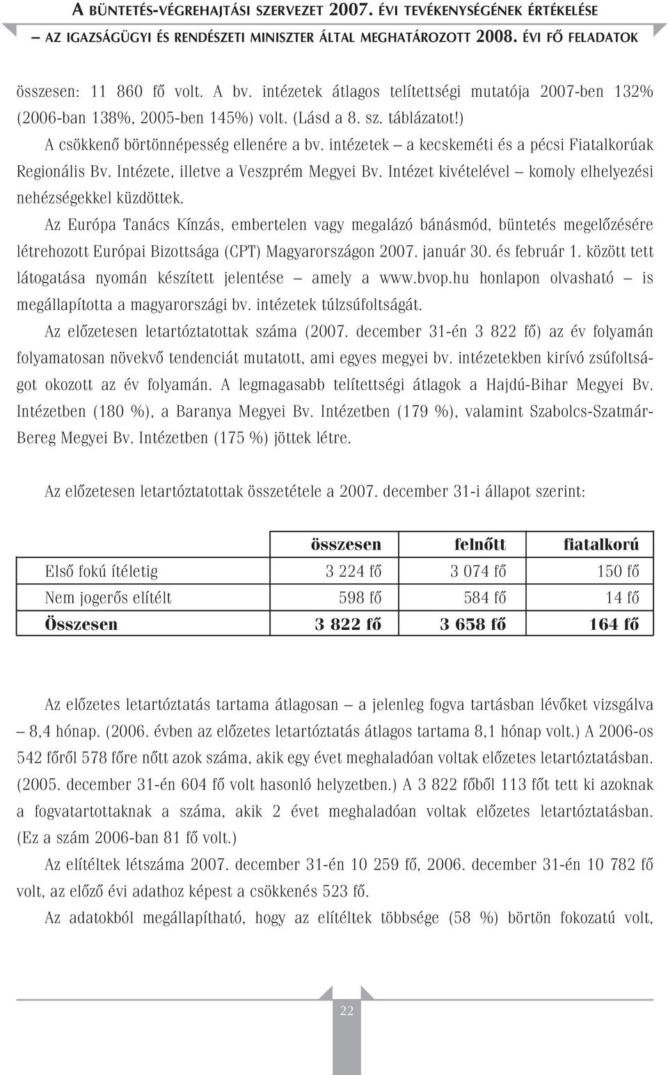 intézetek a kecskeméti és a pécsi Fiatalkorúak Regionális Bv. Intézete, illetve a Veszprém Megyei Bv. Intézet kivételével komoly elhelyezési nehézségekkel küzdöttek.