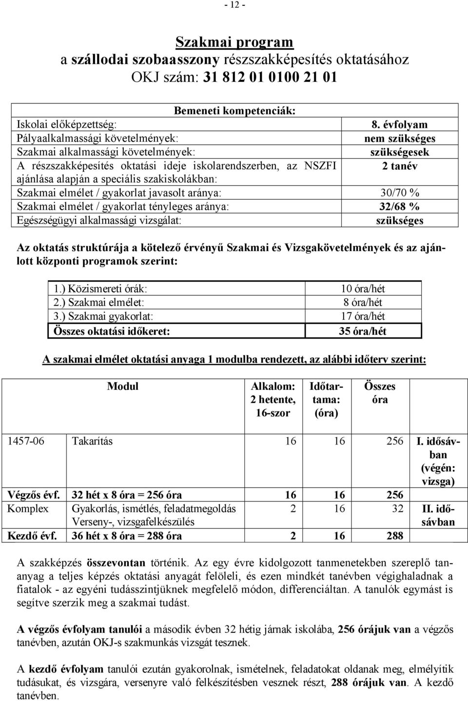 elmélet / gyakorlat javasolt aránya: 30/70 % szükséges Az oktatás struktúrája a kötelező érvényű Szakmai és Vizsgakövetelmények és az ajánlott központi