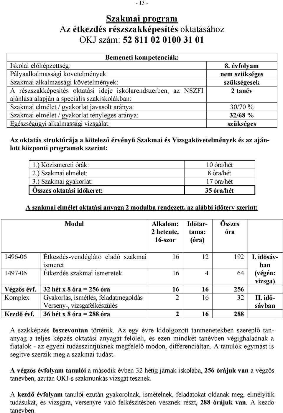 javasolt aránya: 30/70 % szükséges Az oktatás struktúrája a kötelező érvényű Szakmai és Vizsgakövetelmények és az ajánlott központi programok szerint: 3.