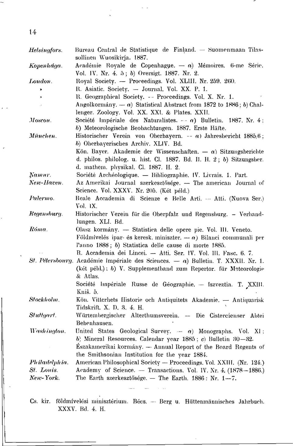 à) Statistical Abstract from 1872 to 1886; b) Challenger. Zoology. Vol. XX. XXI. & Plates. XXII. Moscou. Société Impériale des Naturalistes, -- a) Bulletin. 1887. Nr.