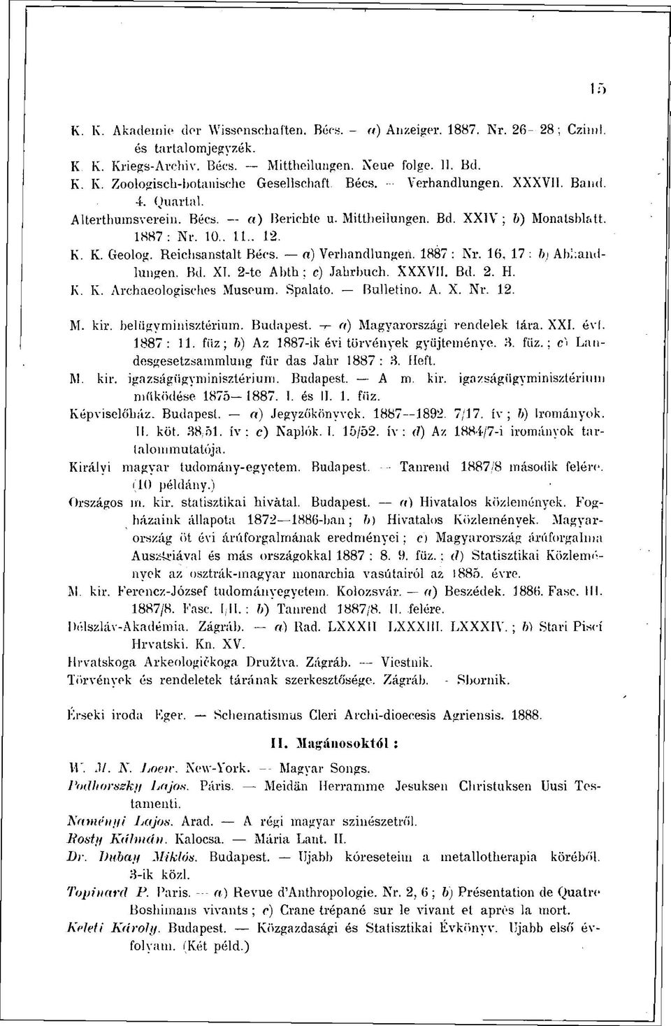1887 : Nr. 16. 17 : b) Abhandlungen. Bd. XI. 2-te Abth ; c) Jahrbuch. XXXVII. Bd. 2. II. К. K. Archaeologisches Museum. Spalato. Bulletino. А. X. Nr. 12. M. kir. belügyminisztérium.