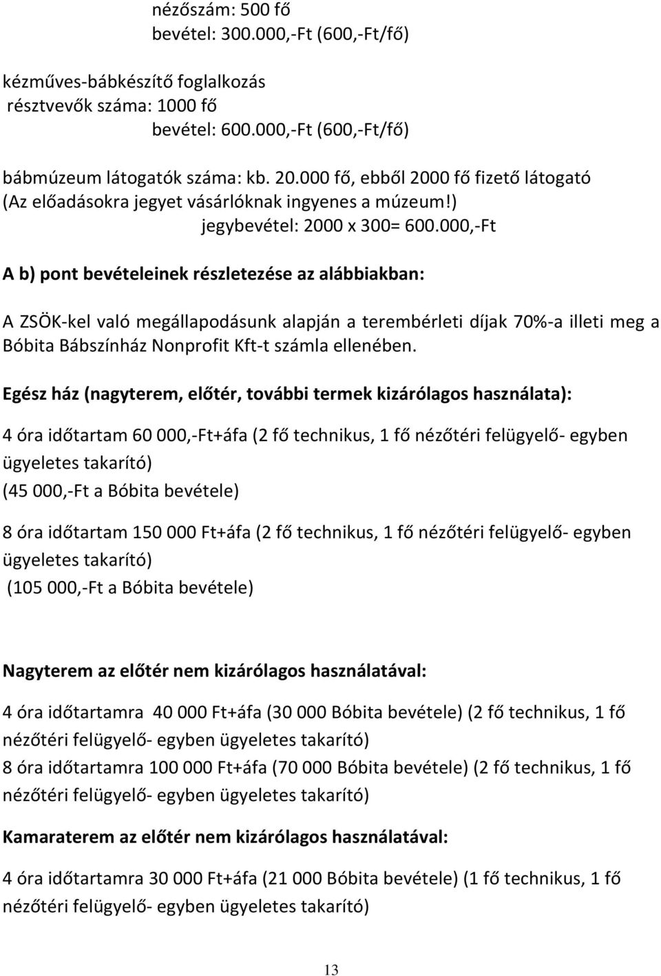 000,-Ft A b) pont bevételeinek részletezése az alábbiakban: A ZSÖK-kel való megállapodásunk alapján a terembérleti díjak 70%-a illeti meg a Bóbita Bábszínház Nonprofit Kft-t számla ellenében.