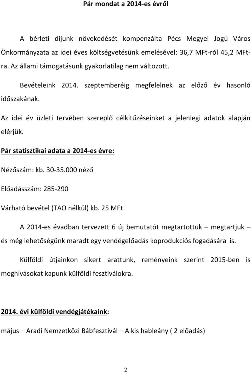 Az idei év üzleti tervében szereplő célkitűzéseinket a jelenlegi adatok alapján elérjük. Pár statisztikai adata a 2014-es évre: Nézőszám: kb. 30-35.