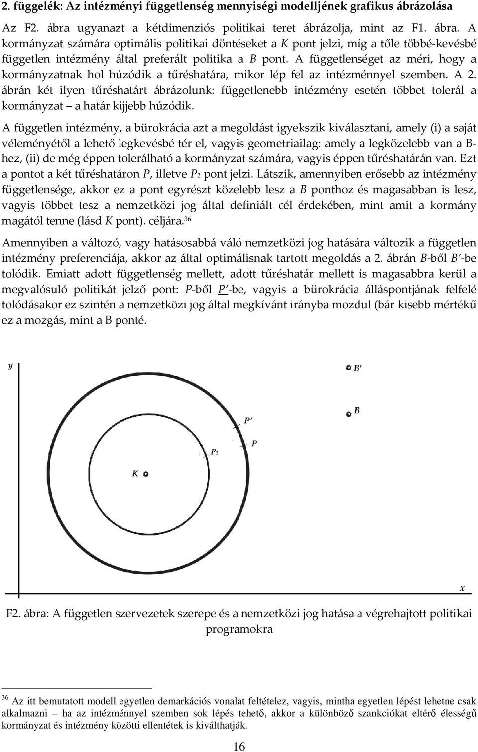 A kormányzat számára optimális politikai döntéseket a K pont jelzi, míg a tőle többé-kevésbé független intézmény által preferált politika a B pont.