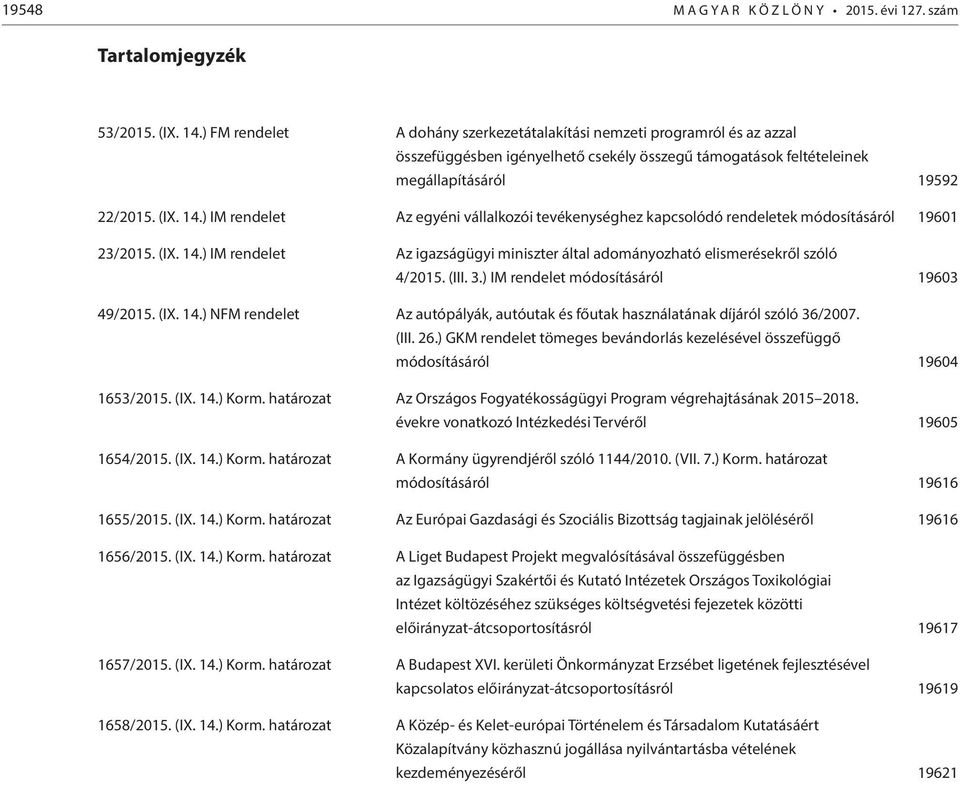 ) IM rendelet Az egyéni vállalkozói tevékenységhez kapcsolódó rendeletek módosításáról 19601 23/2015. (IX. 14.) IM rendelet Az igazságügyi miniszter által adományozható elismerésekről szóló 4/2015.