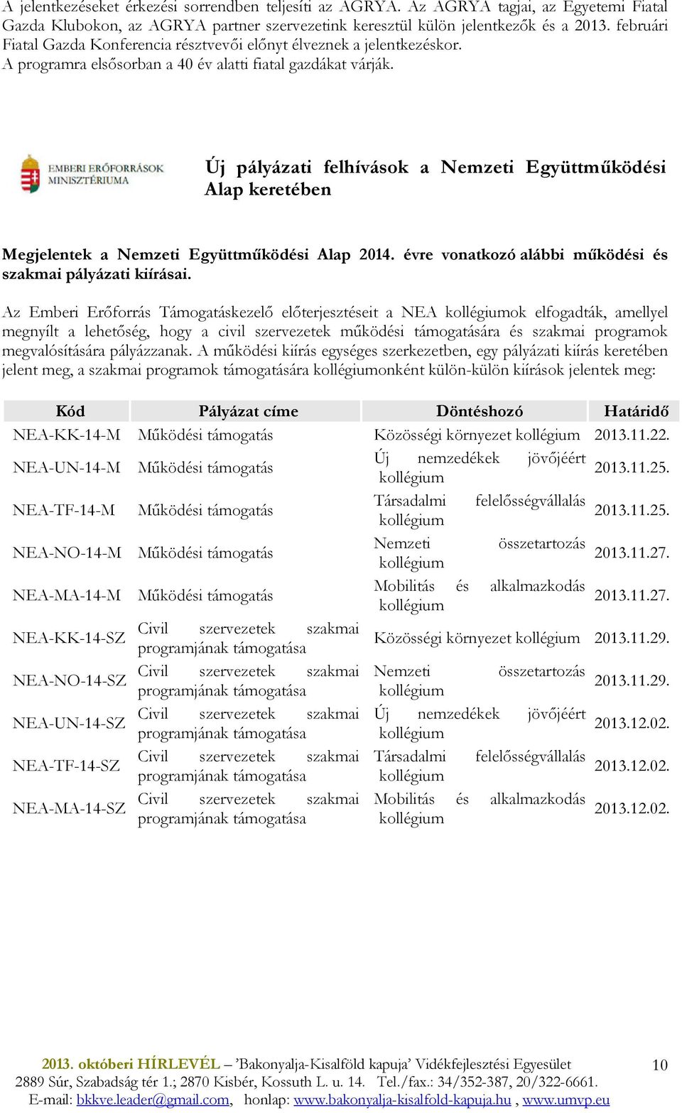 Új pályázati felhívások a Nemzeti Együttmőködési Alap keretében Megjelentek a Nemzeti Együttmőködési Alap 2014. évre vonatkozó alábbi mőködési és szakmai pályázati kiírásai.