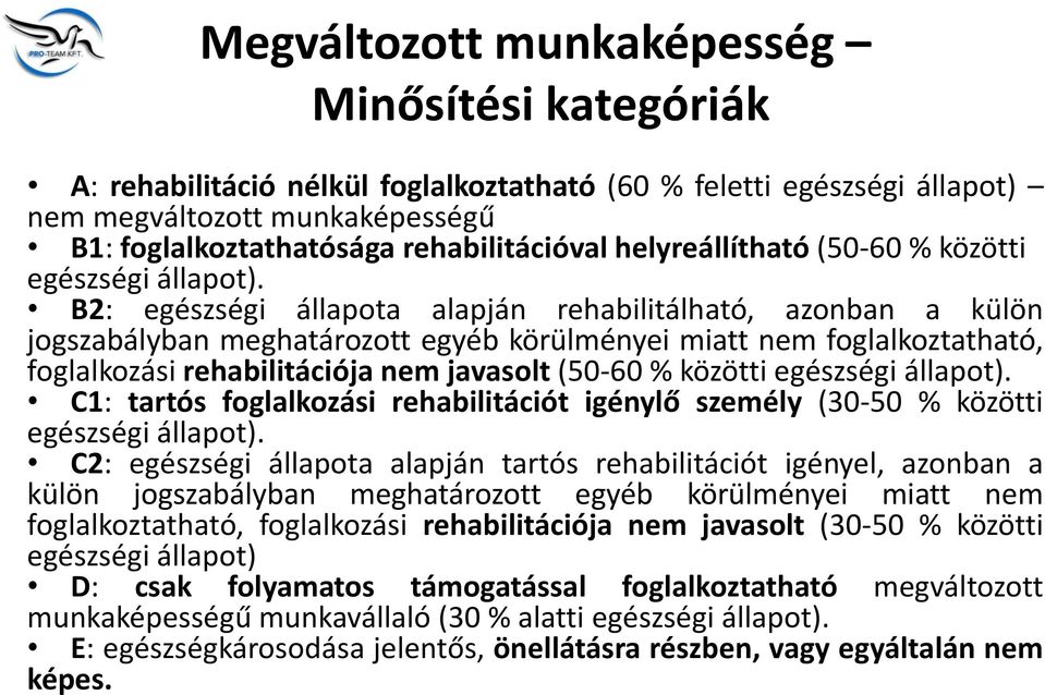 B2: egészségi állapota alapján rehabilitálható, azonban a külön jogszabályban meghatározott egyéb körülményei miatt nem foglalkoztatható, foglalkozási rehabilitációja nem javasolt (50-60 % közötti