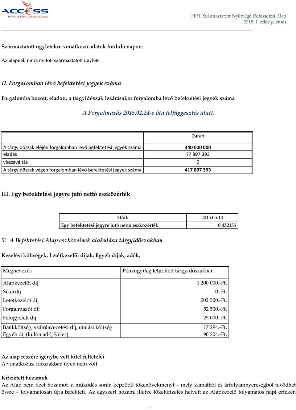 Darab A tárgyidőszak elején forgalomban lévő befektetési jegyek száma 340000000 eladás 77897393 visszaváltás 0 A tárgyidőszak végén forgalomban lévő befektetési jegyek száma 417 897 393 III.