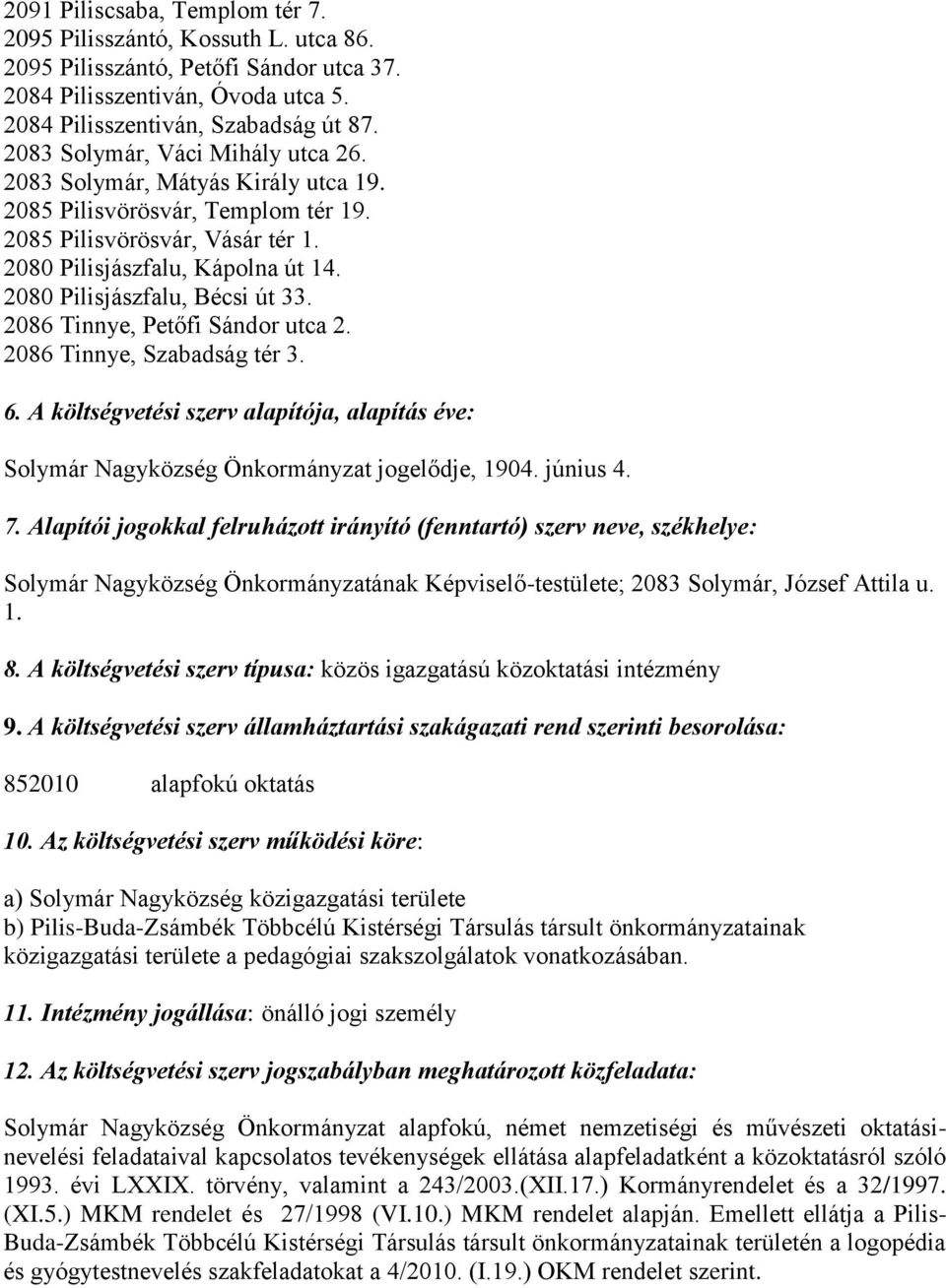 2080 Pilisjászfalu, Bécsi út 33. 2086 Tinnye, Petőfi Sándor utca 2. 2086 Tinnye, Szabadság tér 3. 6. A költségvetési szerv alapítója, alapítás éve: Solymár Nagyközség Önkormányzat jogelődje, 1904.