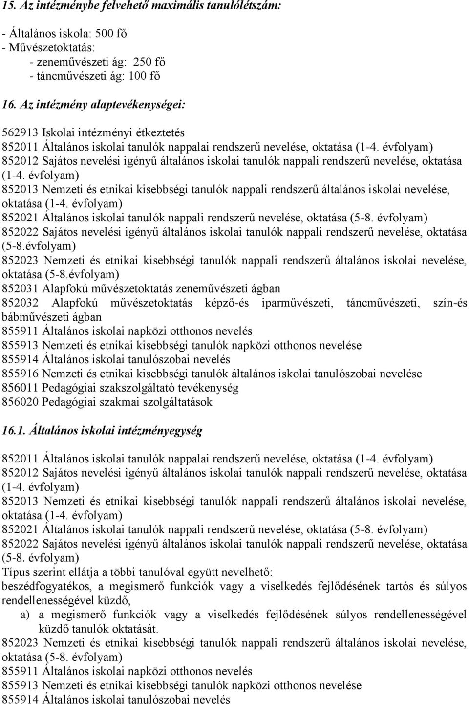 évfolyam) 852012 Sajátos nevelési igényű általános iskolai tanulók nappali rendszerű nevelése, oktatása (1-4.