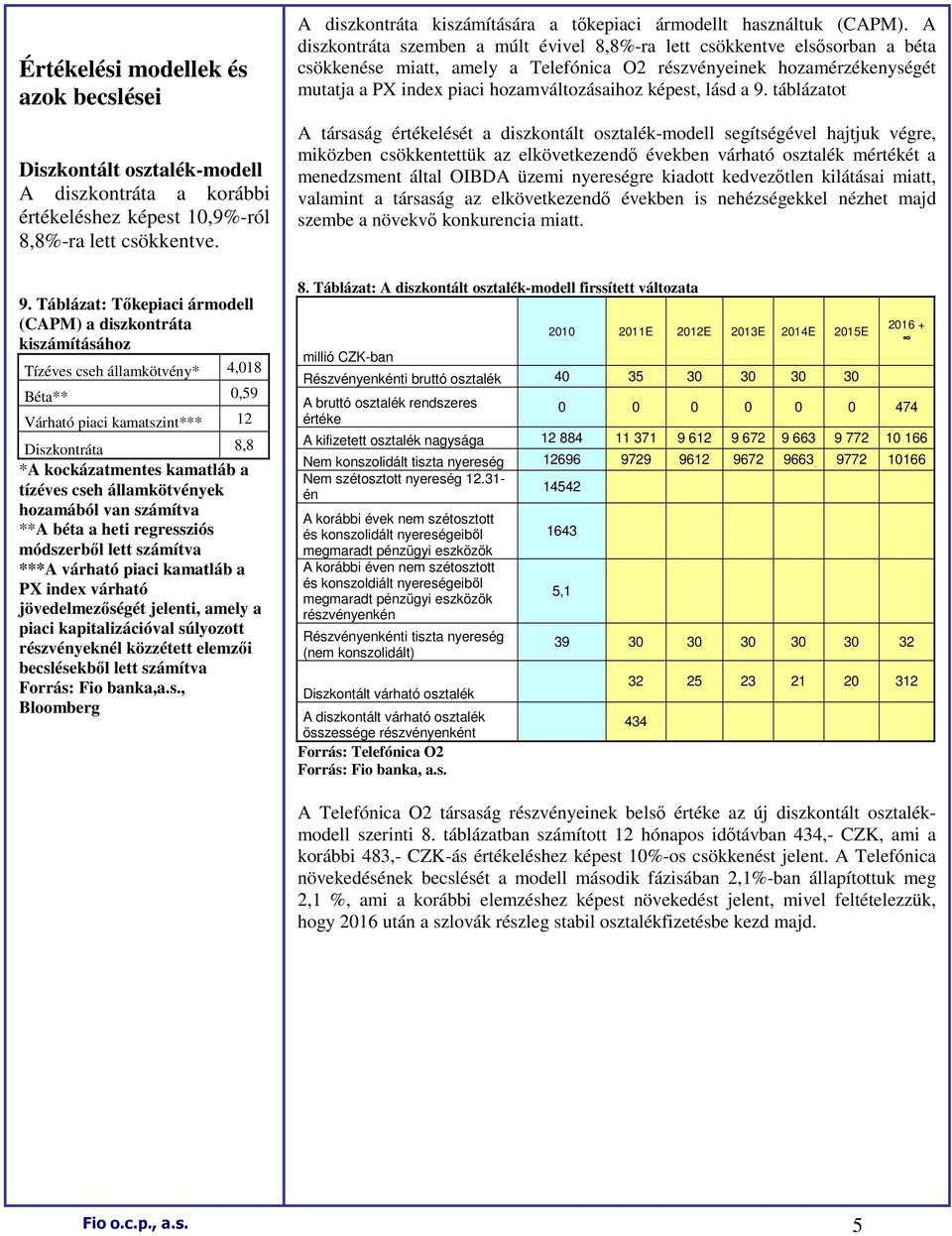 cseh államkötvények hozamából van számítva **A béta a heti regressziós módszerbıl lett számítva ***A várható piaci kamatláb a PX index várható jövedelmezıségét jelenti, amely a piaci kapitalizációval