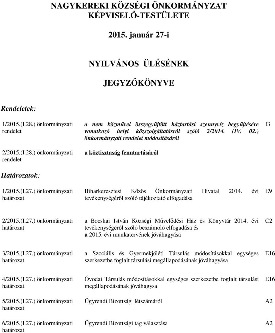 ) önkormányzati rendelet módosításáról a köztisztaság fenntartásáról Biharkeresztesi Közös Önkormányzati Hivatal 2014. évi tevékenységéről szóló tájékoztató elfogadása I3 E9 2/2015.(I.27.